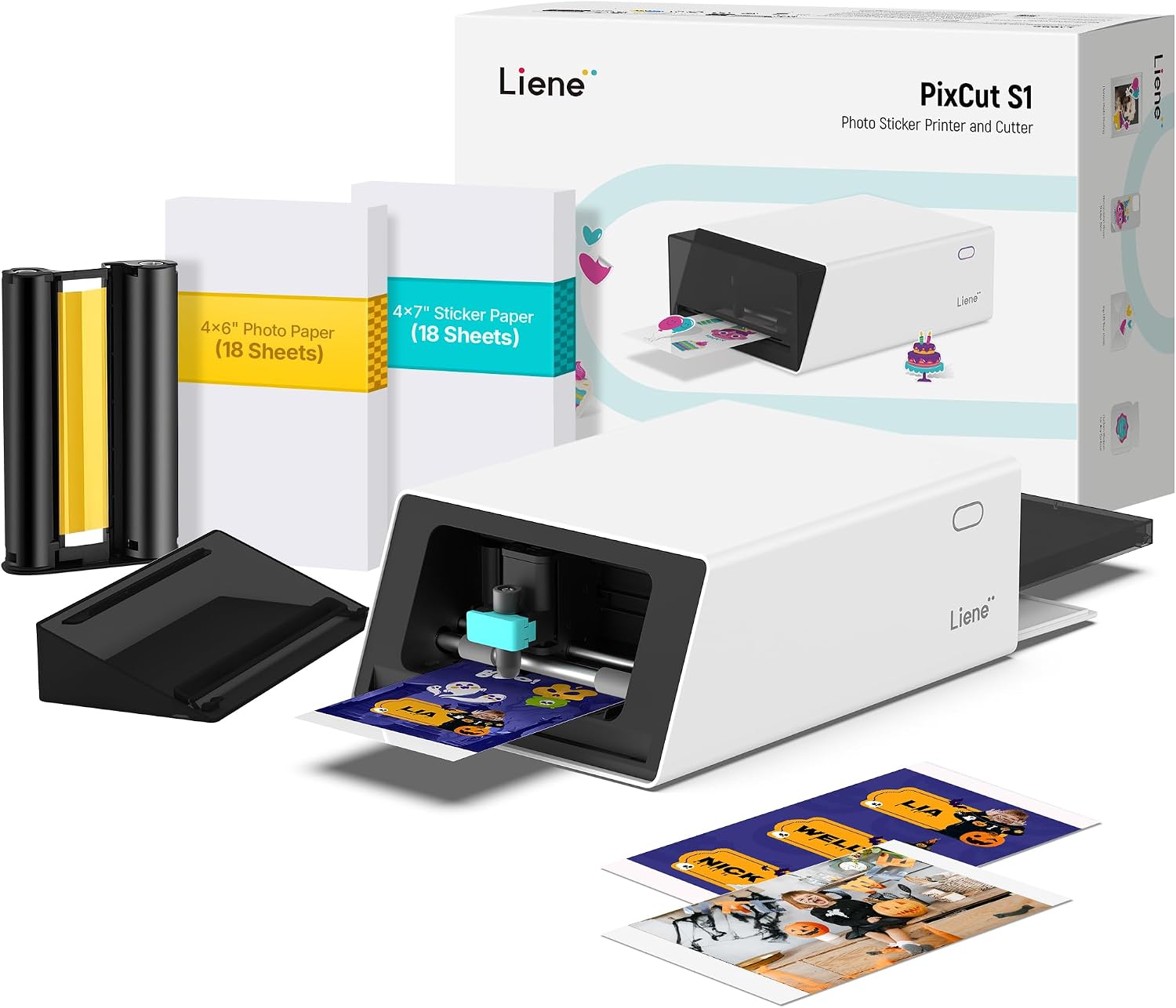 Liene PixCut S1 Color Sticker Printer & Cutting Machine - All-in-One Sticker Maker for DIY Crafts, Custom Labels & Gifts. Thermal Dye-Sublimation Photo Printer, 300 DPI, Precise AI Auto-Cutting