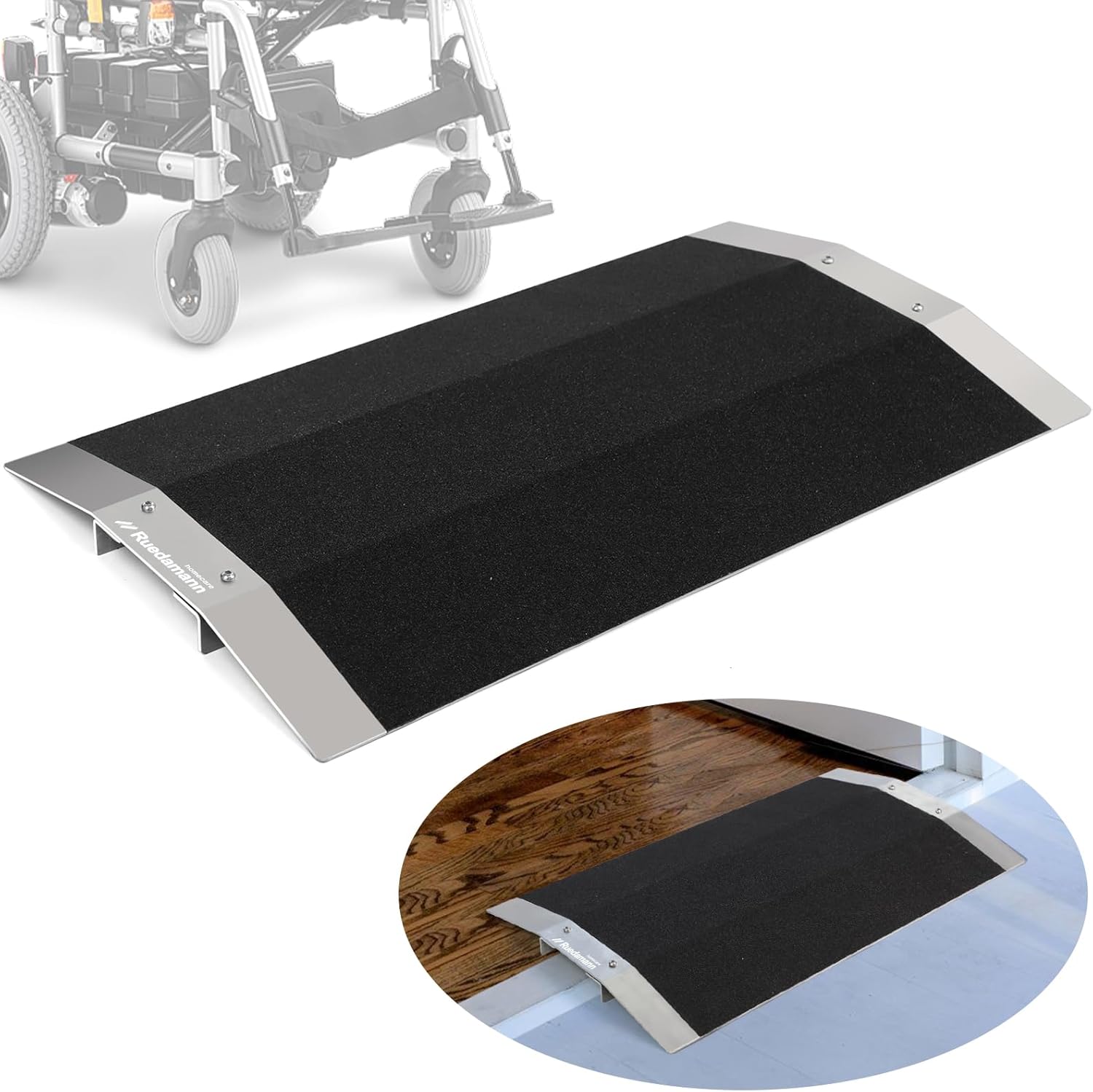 Ruedamann 27.6" W x 1" H Wheelchair Ramp, 600lbs Capacity, Bridge Threshold Ramp with Supporting Frame and Non-Slip Surface, Aluminum Ramp for Wheelchairs, Stairs, Vans, Steps