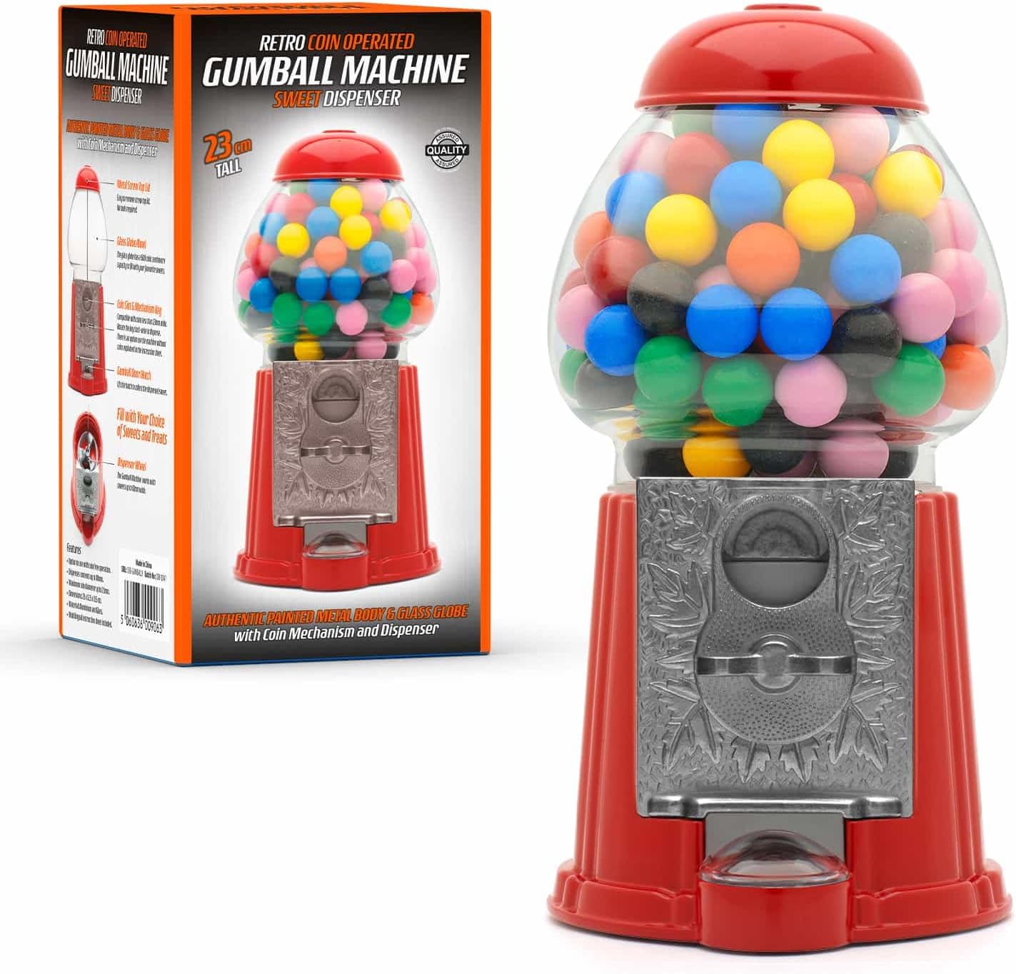 CKB LTD Gumball Machine Retro Sweet Dispenser Storage Piggy Bank Money Box Coin Operated Saver H23cm Red (Small Size 23 x 12.5 x 11.5cm)