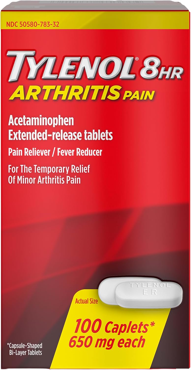 Tylenol 8-Hour Extended Release Caplets, 650 mg Acetaminophen, 100 Ct | Arthritis Pain Relief, Fast & Strong Pain Relief, Relieves Minor Arthritis & Joint Pain, Fever Reducer for Adults