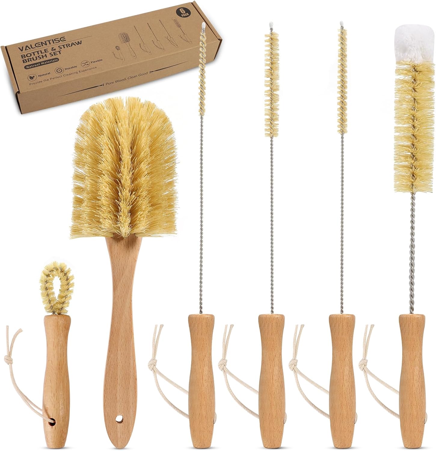 Bottle Brush Set - 6 Pack Sisal Bristle Natural Bottle Brush, All in One Bottle and Straw Brush Cleaning Set for Water Bottles, Glasses, Cups and Lid