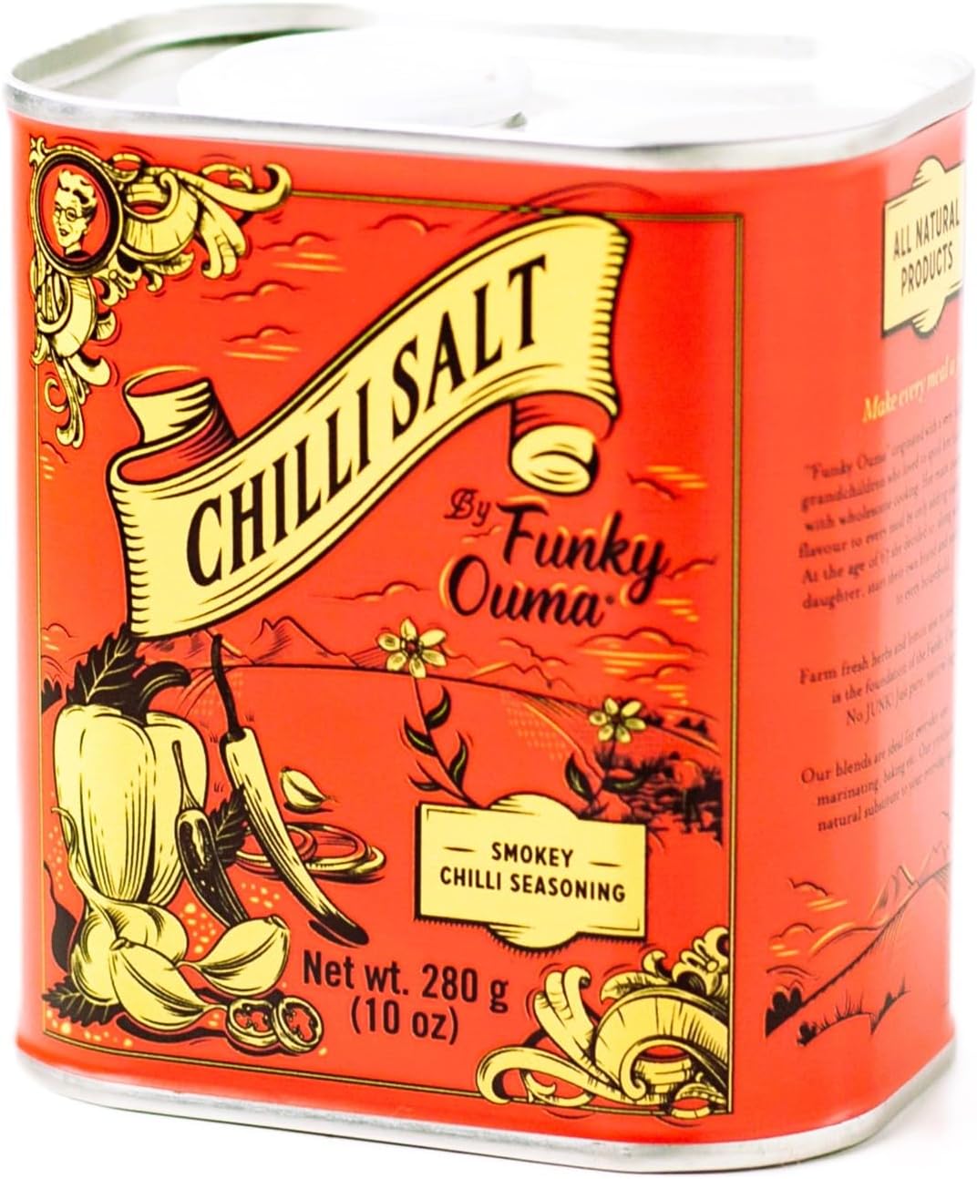Funky Ouma Chilli Salt 280g in Recyclable Tin– South African All Purpose Seasoning for Men, Women, Dads & Foodies – Natural Flavored Braai Salt, Spice and Herbs – Kitchen Home Essentials Gift