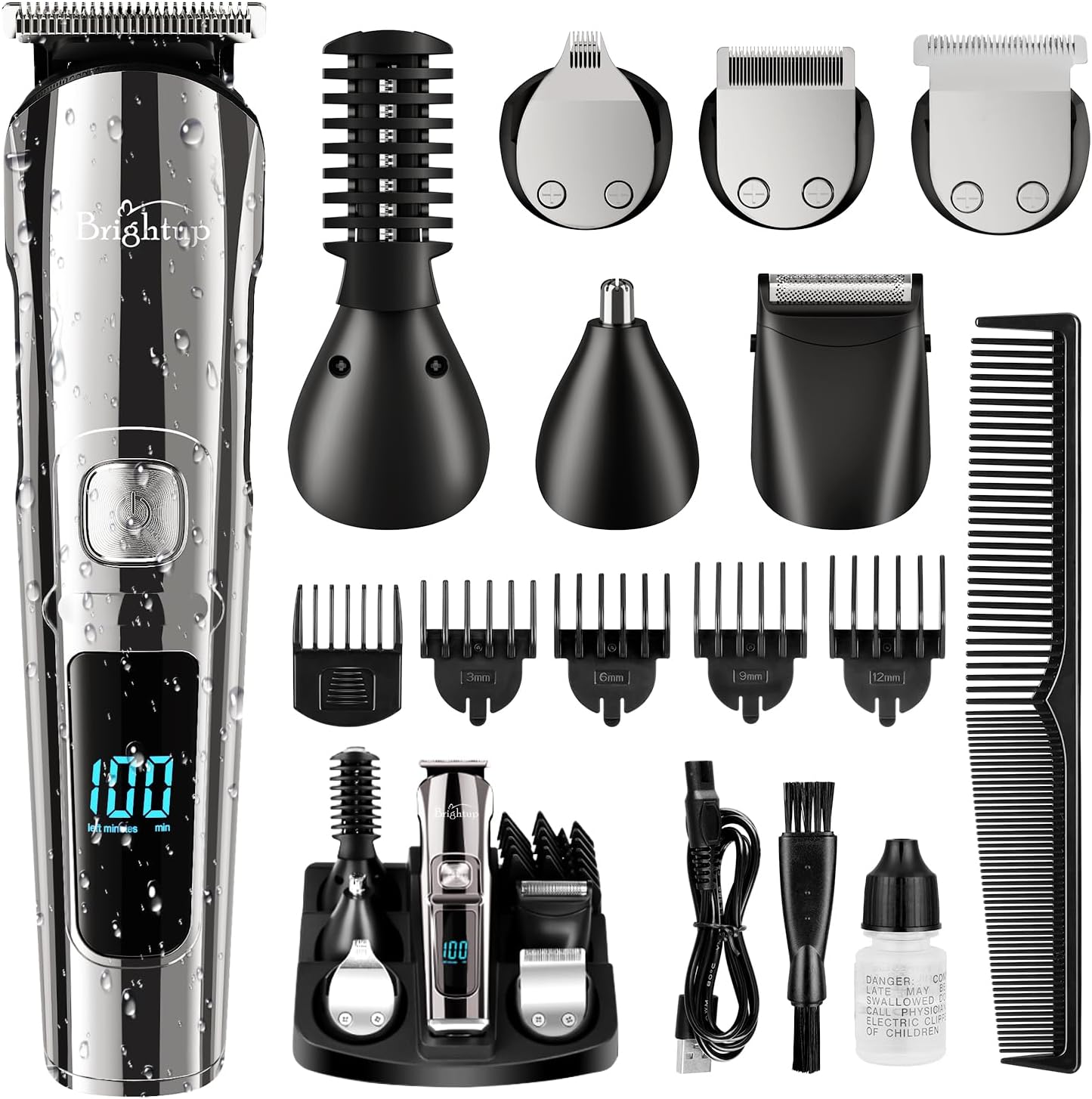 Brightup Beard Trimmer for Men - 19 Piece Beard Grooming Kit with Hair Clippers, Hair Trimmer, Electric Razor - IPX7 Waterproof Mustache, Face, Nose, Ear, Balls, Body Shavers - Mens Gifts