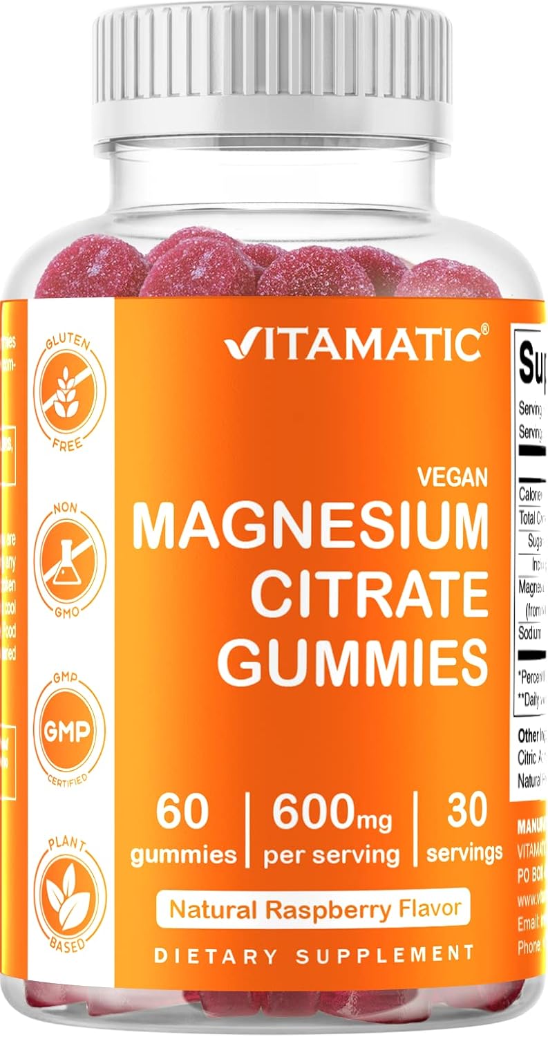 Vitamatic Magnesium Citrate Gummies 600mg per Serving - 60 Vegan Gummies - Promotes Healthy Relaxation, Muscle, Bone, & Energy Support (60 Gummies (Pack of 1))