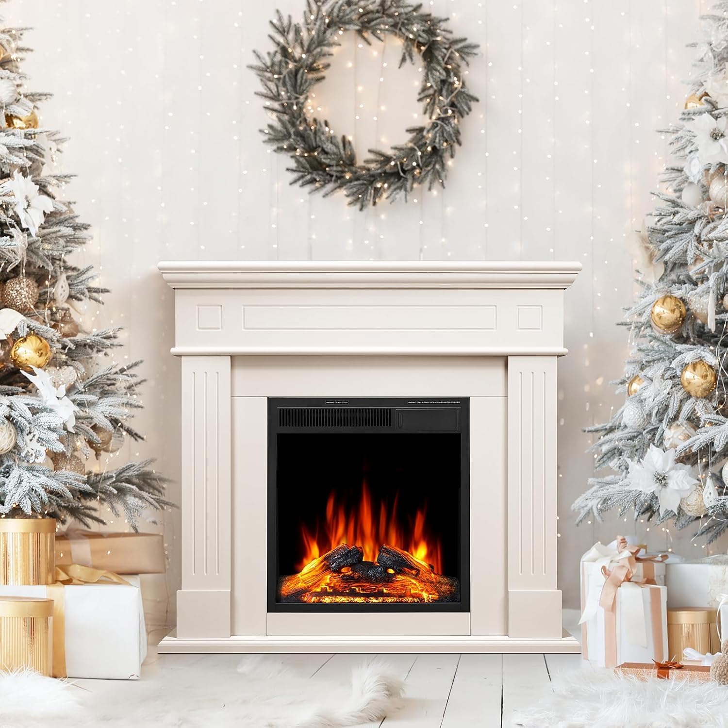43 Inch Fireplace TV Stand with Mantel - Electric Fireplace Heater, Wooden Entertainment Center, Adjustable LED Flame, Freestanding (750W/1500W),Cream