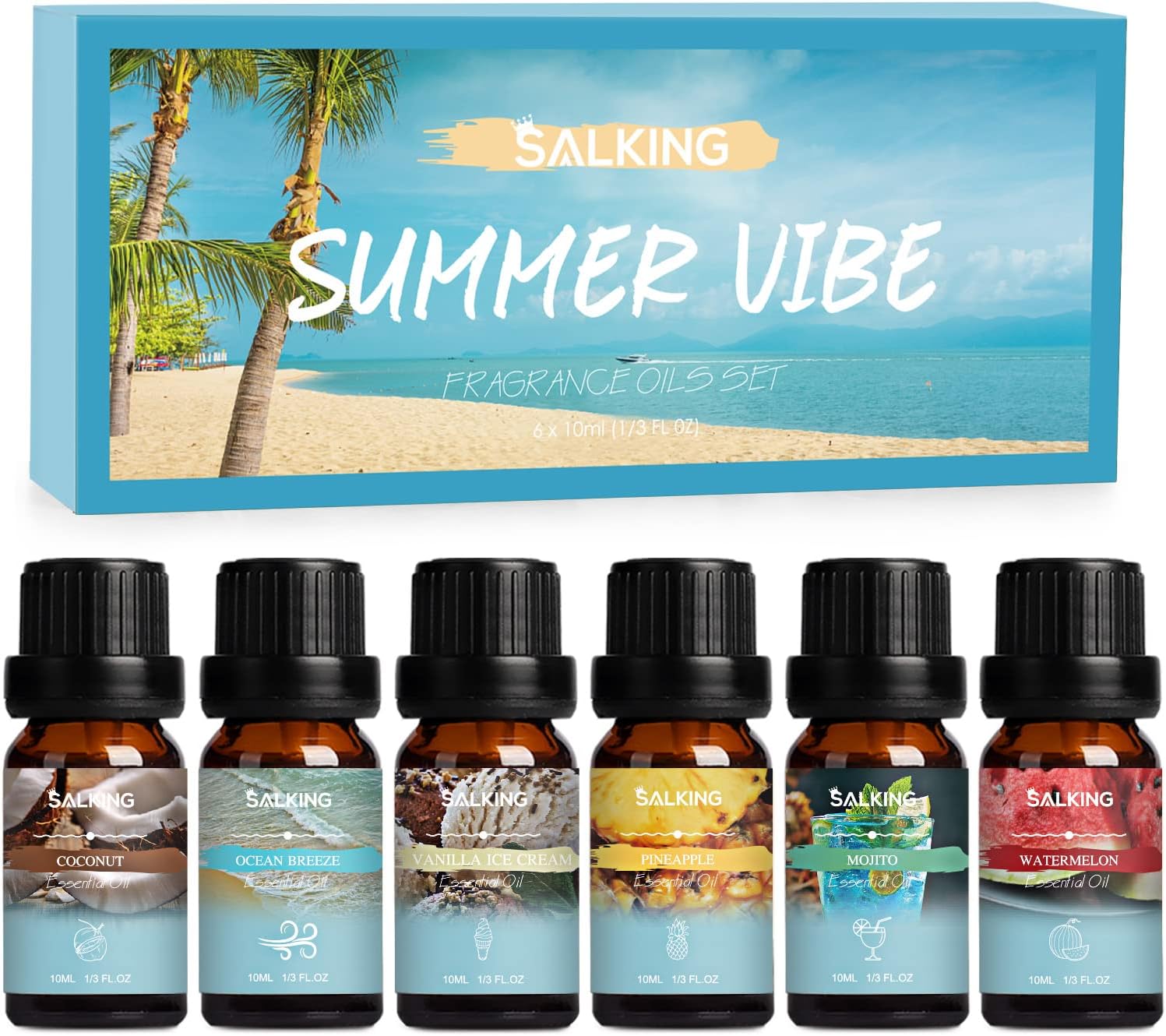 SALKING Summer Essential Oils Set, Aromatherapy Diffuser Oil Fragrance Oils Gift Set for Soap & Candle Making Scents - Ocean Breeze, Mojito, Coconut, Pineapple, Watermelon, Vanilla Ice Cream