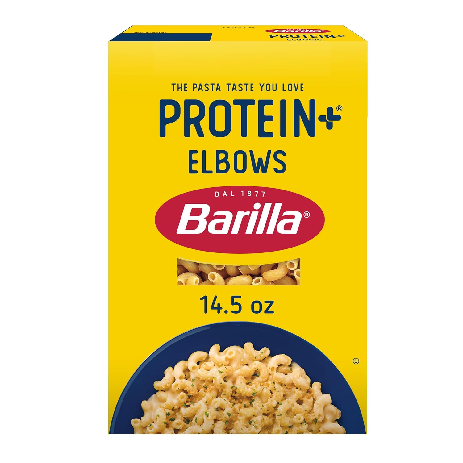 BARILLA Protein+ (Plus) Elbows Pasta, 14.5 Ounce - plant based pasta - Made from Lentils, Chickpeas & Peas - Non-GMO, Kosher Certified and Vegan