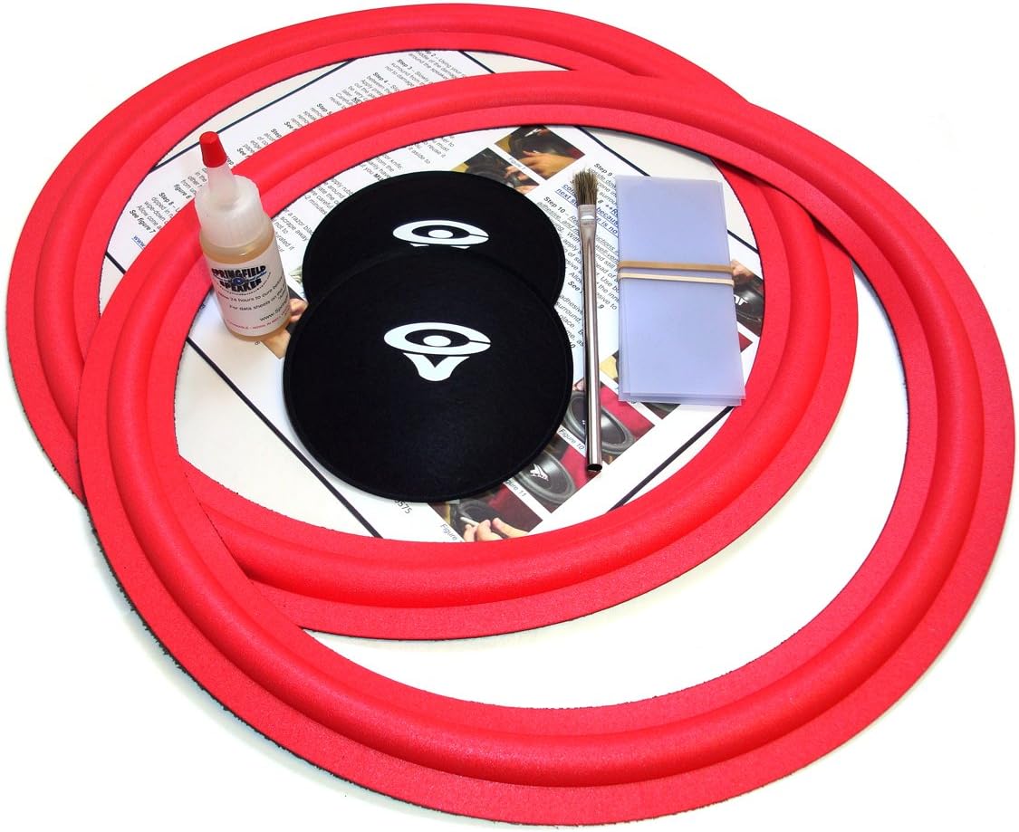 Cerwin Vega 15" Angle Attach Complete Speaker Foam Surround Edge Repair Kit - 2 Speaker Kit - 2 CV Logo Felt Dust Caps - Compatible with Cerwin Vega ATW-15, AT15, AT100, 380SE, VS150, Many More