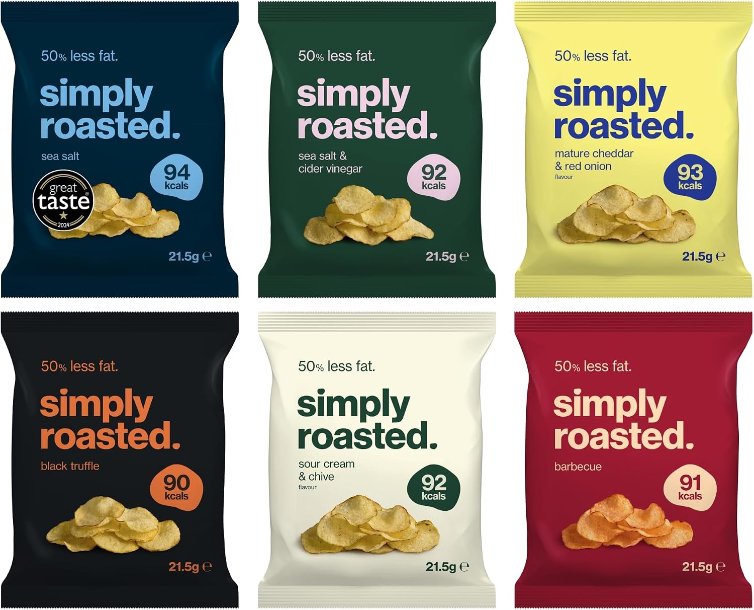 Simply Roasted - Discovery Box | 12 x 21.5g Impulse Bags | Taste Them All | Vegan | 50% Less Fat | Under 99 Calories Per Serve | Triple Cooked for the Ultimate Crunch | Gluten & Allergen-Free
