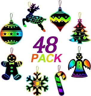 ORIENTAL CHERRY Christmas Scratch Crafts Arts, 48 DIY Rainbow Scratch Art Bulk Cards, Rainbow Scratch Paper Supplies Toys for 3-12Years Old Kids Favord Gift for Christmas Party Games Projects Kits