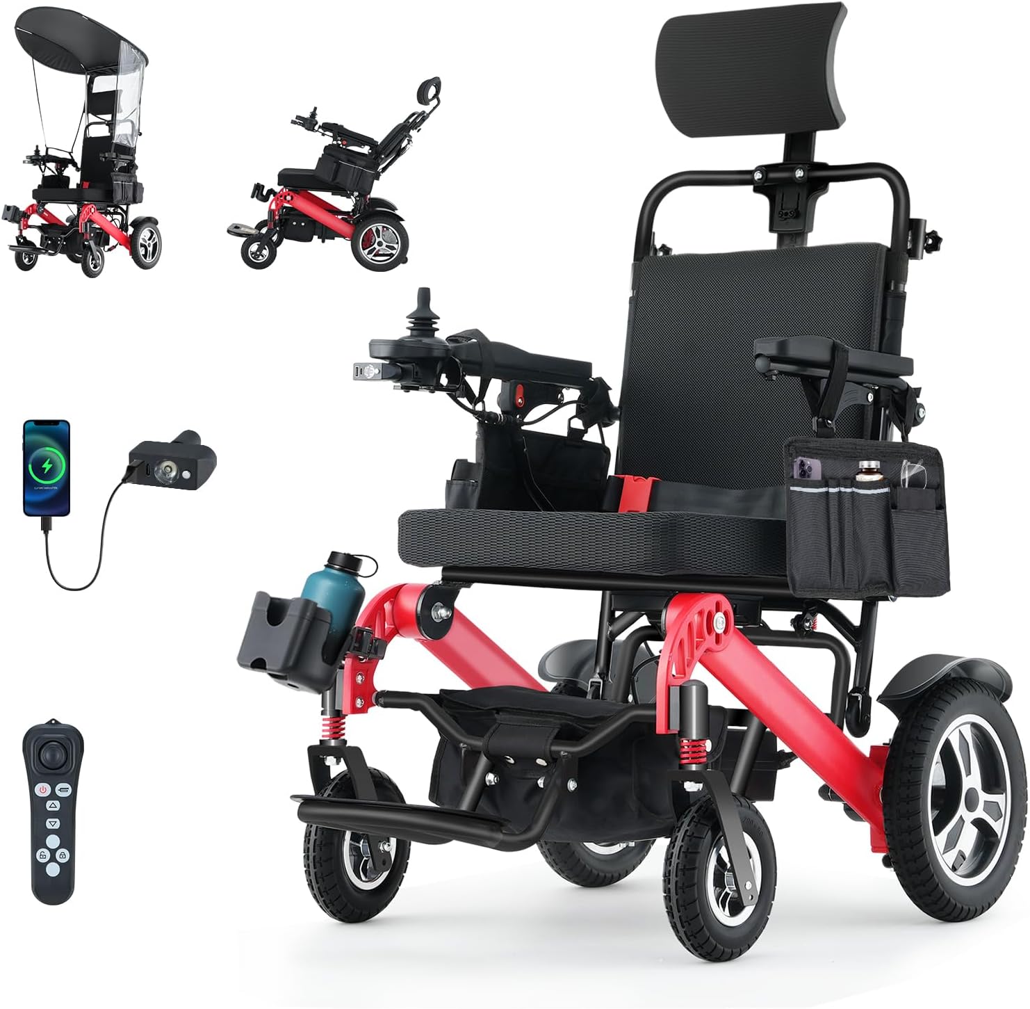 Electric Wheelchair for Adults,Lightweight Foldable Electric Wheelchair,Up to 30 Mile,2*12AH Li-Battery,2*300W Brushless Motor,Bluetooth Control & 100-130°Adjustable Seat, with Sunshade(Red)