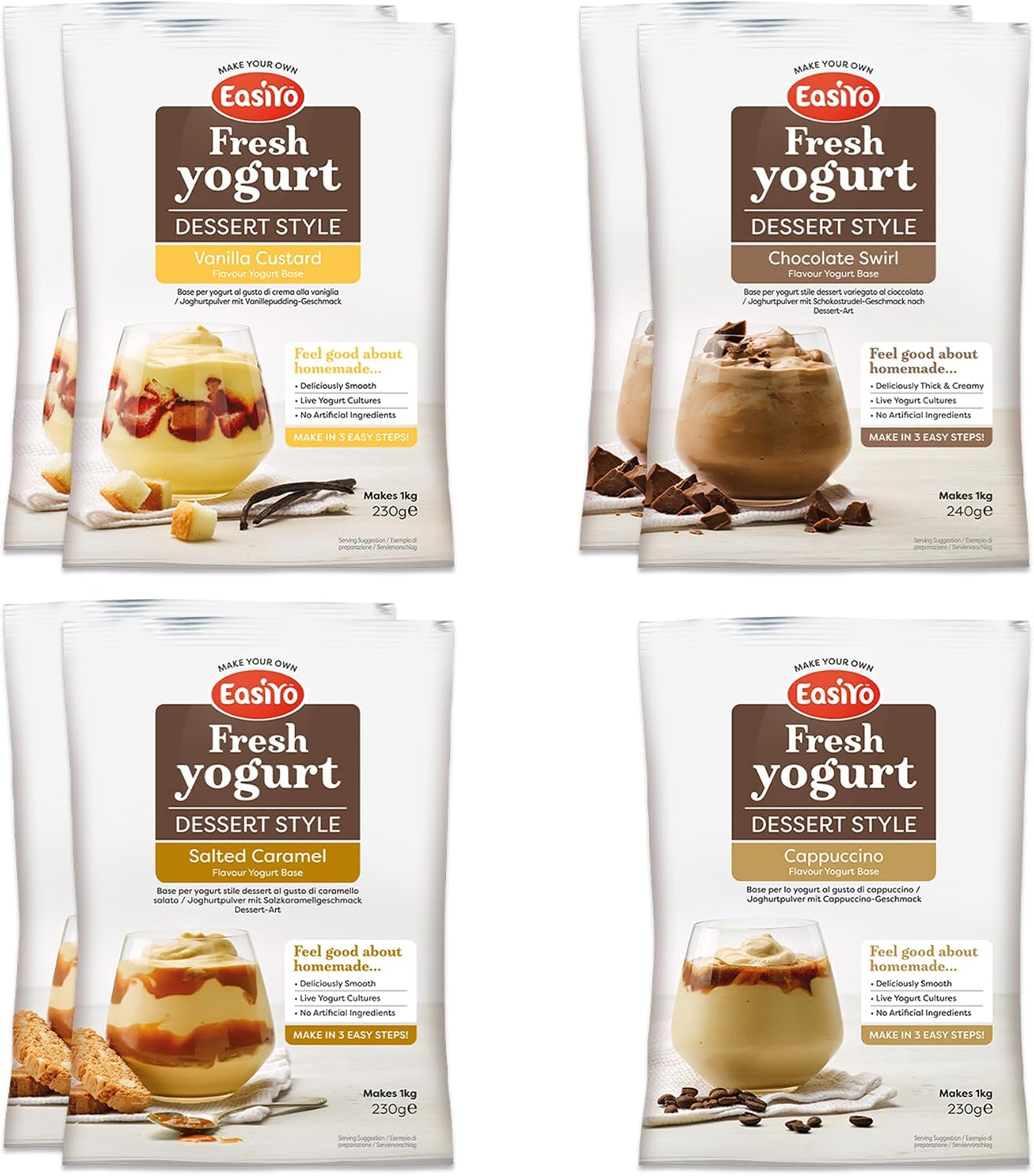 EasiYo Yogurt 7 Sachet Pack | EasiYo Dessert Mixed Pack | 2 x Chocolate Swirl 2 x Salted Camarel 2 x Vanilla Custard 1 x Cappuccino | Each Sachet Makes 1kg of Yogurt