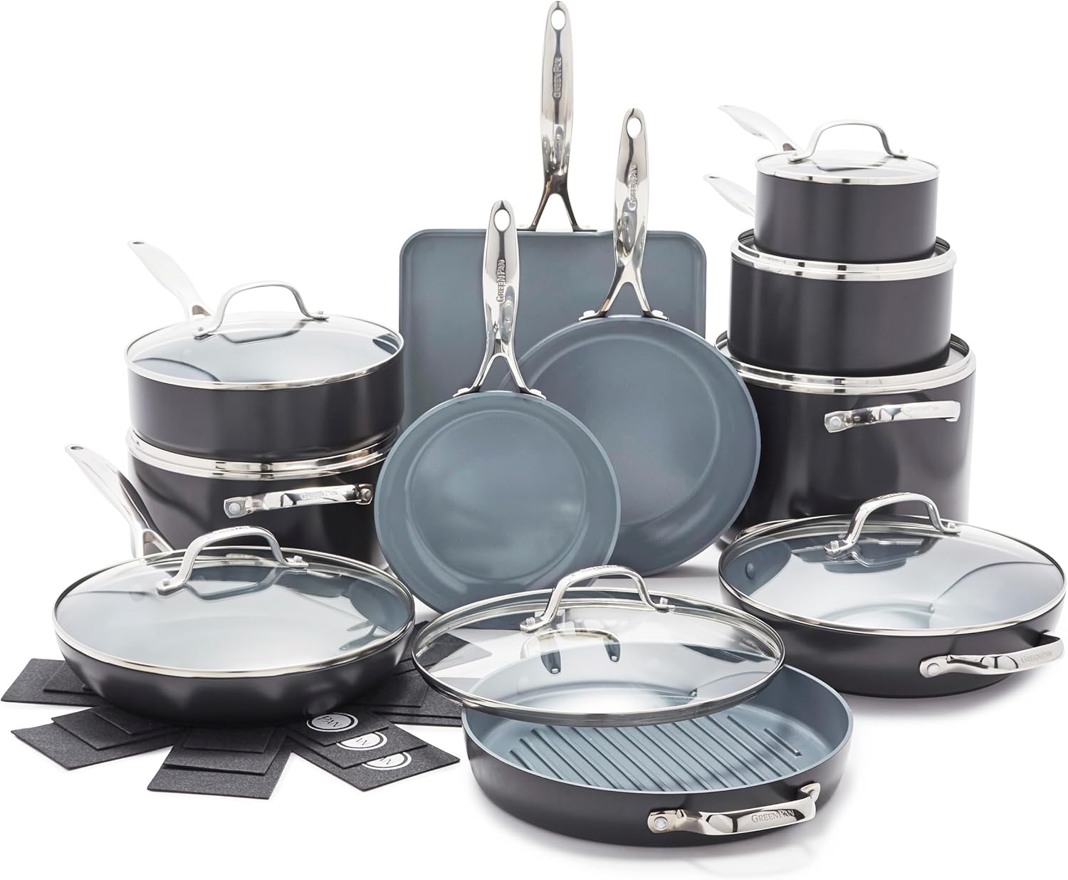 GreenPan Valencia Pro Hard Anodized Healthy Ceramic Nonstick 22 Piece Cookware Pots & Pans Set, Fry Grill, Griddle, Saute & Sauce Pans, Stockpot,Lids, PFAS-Free, Induction, Dishwasher & Oven Safe,Gray