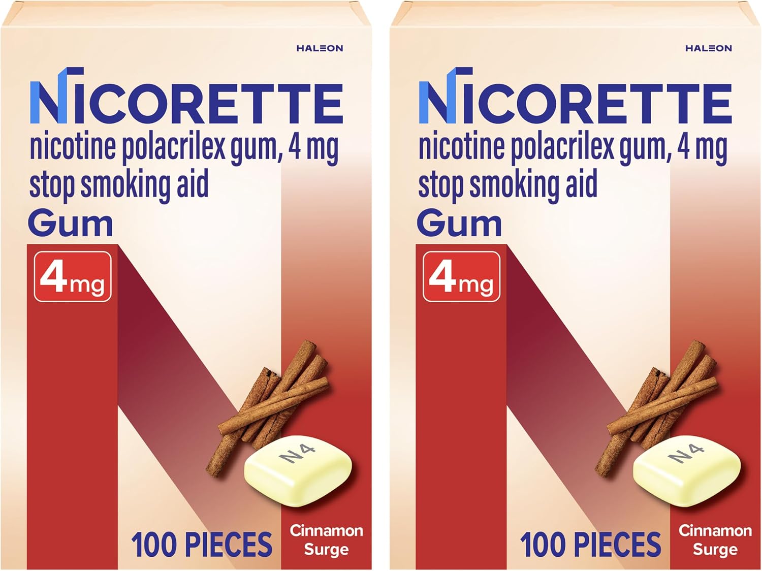 Nicorette Nicotine Gum 4mg, Quit Smoking Aid, Cinnamon Surge, 100 Ct, 2 Pk | Reduces Nicotine Cravings and Withdrawal Symptoms, Intense Craving Relief, Portable Smoking Cessation Gum