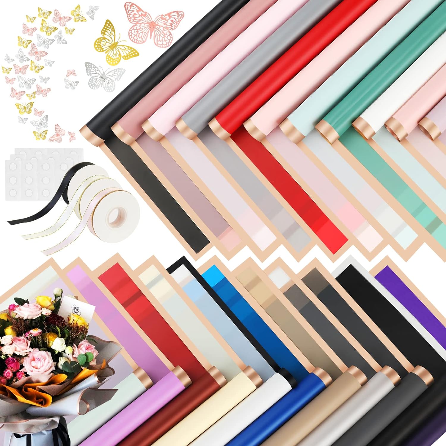 xunhewi 149 Pcs Flower Bouquet Accessories 110 Gold Edge Floral Wrapping Paper 3 Rolls 25 Yards Ribbons 36 Pcs 3D Butterflies DIY Craft Gift Package Decoration Floral Supplies（22 Colors）
