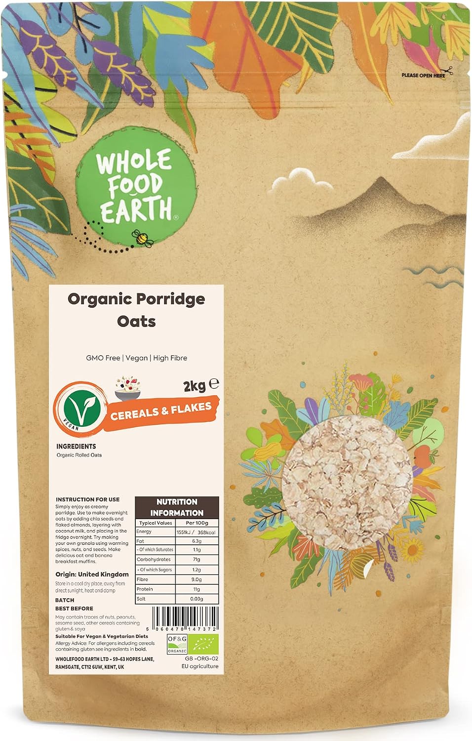 Wholefood Earth Organic Porridge Oats – 2 kg | GMO Free | Vegan | High Fibre | Certified Organic