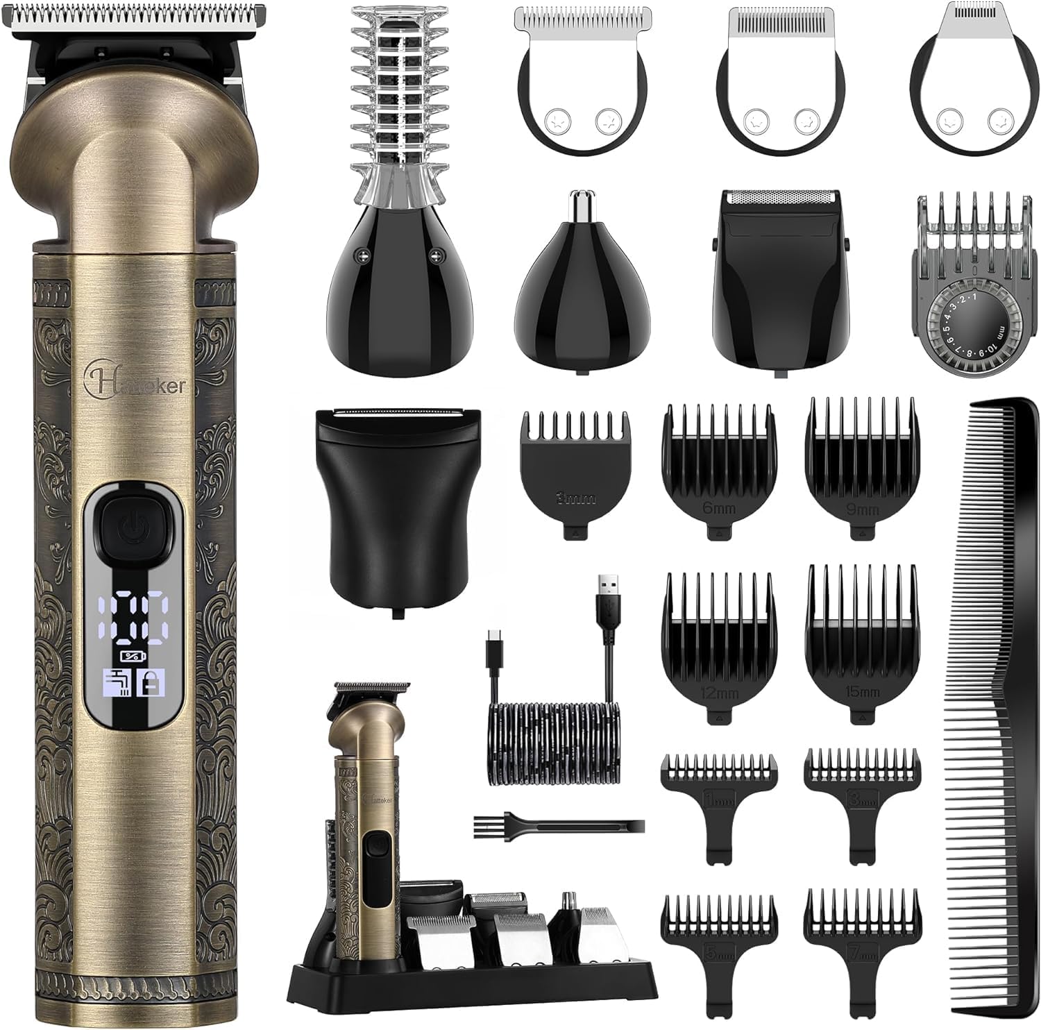 Hatteker Beard Trimmer Kit Professional Hair Clipper Zero Gapped T-Blade Electric Razor Shaver for Nose Ear Body Face Mustache Trimmer for Men Cordless Grooming Kit Waterproof 8 in 1