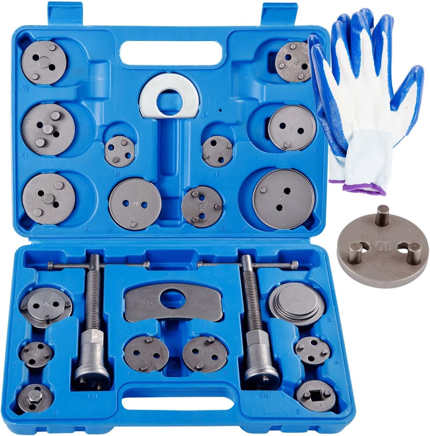 Qnkaa 22pcs Brake Caliper Rewind Tool Kit to Wind Back Front and Rear Disc Brake Piston Compression Pad Replacement Master Set with One Pair of Glove