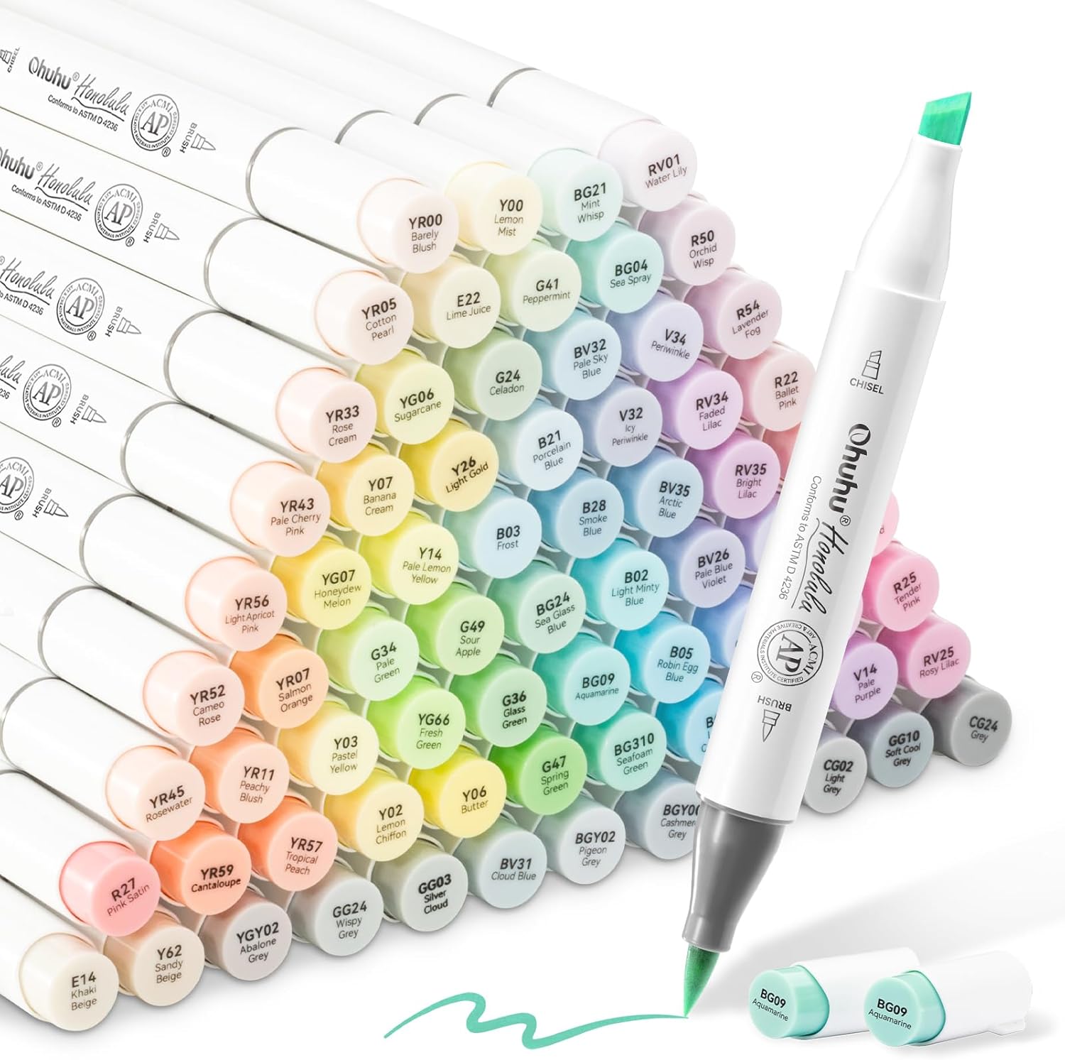 Ohuhu Colouring Pens 96 Pastel Colours Permanent Marker Pens Dual Tip Sketch Marker for Artist, Students, Brush Markers for Sketching, Adult Coloring Calligraphy Drawing (Brush & Chisel)