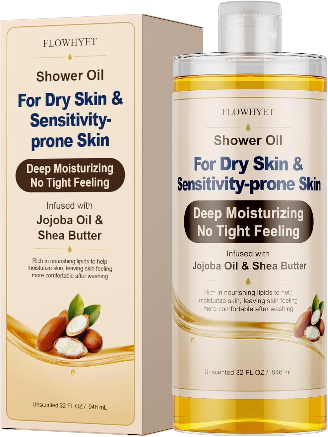 Shower Oil for Dry Skin, Bath Oil Sensitive Skin Friendly, Unscented 32 Oz