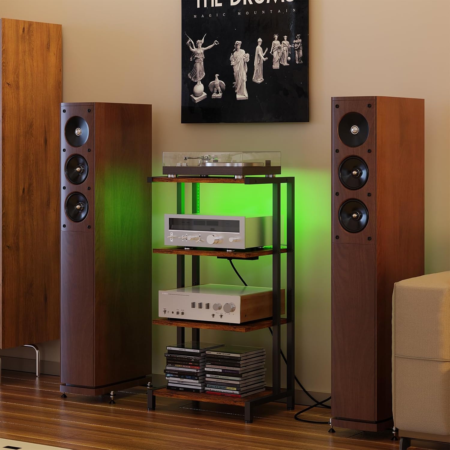 X-cosrack 4-Tier AV Media Stand with Power Strips,Wooden Corner TV Stand Shelf with LED Lights,Stereo Component Cabinet Audio Rack Stand Tower Ideal for DVD Players,Game Console TV Box,Cable Box,Xbox