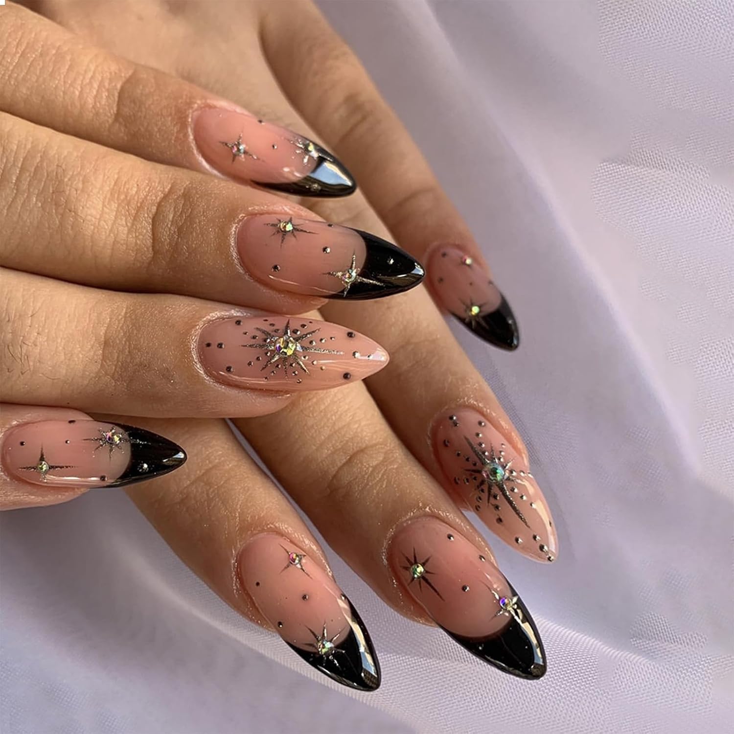 GlamRays Pack of 24 Black Press On Nails French Tips False Nails Medium Almond Acrylic Nails Nail Press Shiny False Nails with Diamond Stars Light Designs Natural Glue Nail