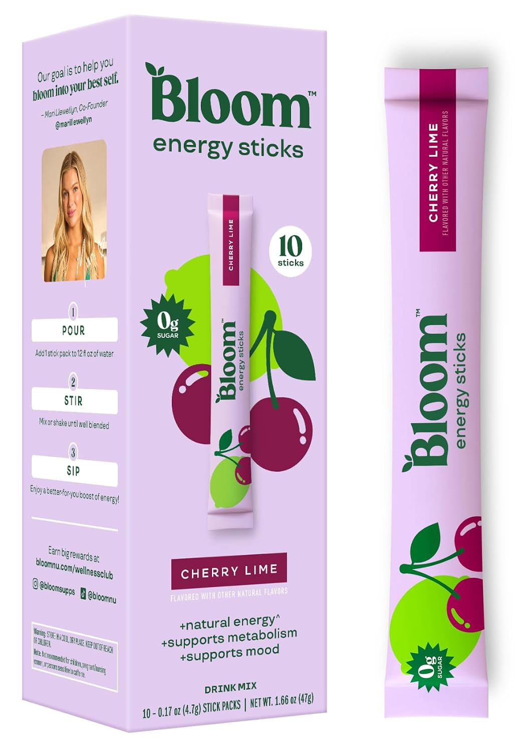 Bloom Nutrition Energy Drink Powder Packets, Cherry Lime, 10 Count | Sugar Free Drink Mix with L-Theanine, B Vitamins & Natural Caffeine, On the Go Powder Sticks for Natural Energy, 10 Calories