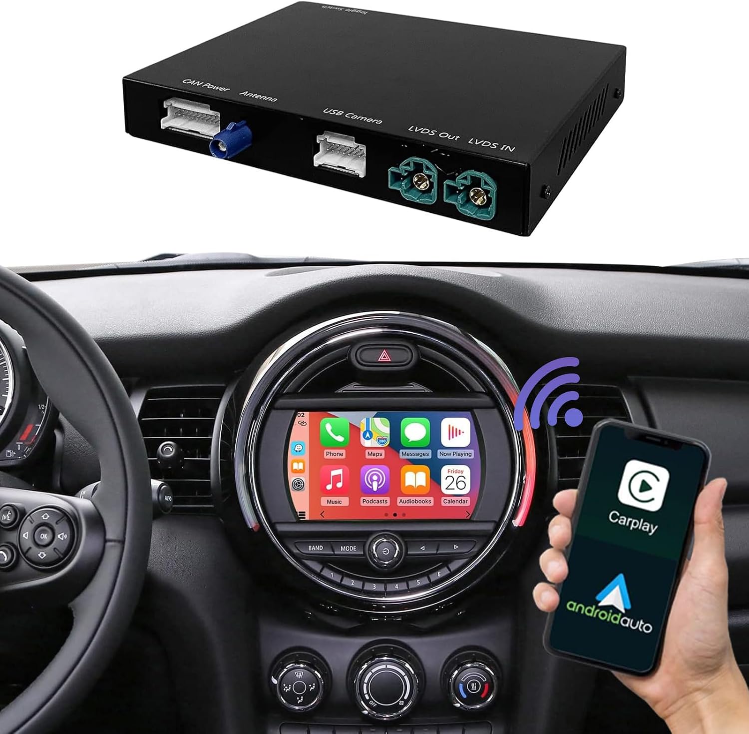 Road Top Wireless CarPlay Android Auto Retrofit Kit for BMW Mini Cooper One Hatch Clubman F55 F56 F54 F57 (NBT System 2014-2018)，Wireless CarPlay Interface Decoder Box, MirrorLink, Reverse Camera