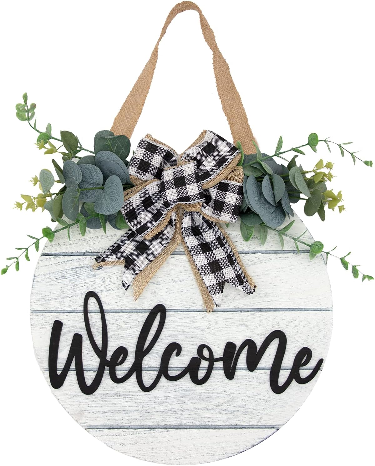 3D Welcome Wreaths for Front Door | White Horizontal Concave Stripes Wooden Farmhouse Welcome Sign for Home Wall Decor