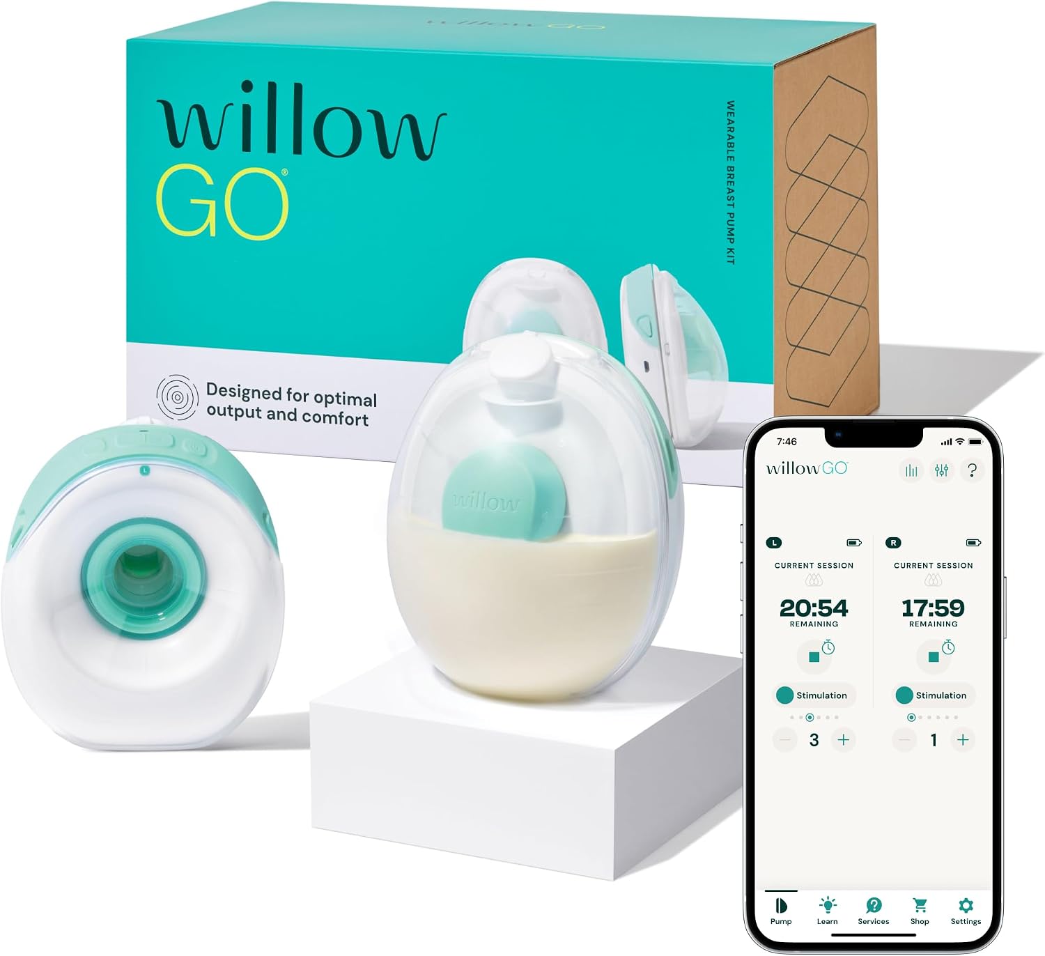 Willow Go Wearable Breast Pump, Hands Free Double Electric Breast Pump, Wireless In-Bra Design with 15 level Hospital Grade Suction, includes 24mm & 21mm Flanges & 5oz Reusable Containers, App enabled | Wireless in-bra design, 15 level hospital grade suction, includes 24mm & 21mm flanges, 5oz reusable containers, app enabled