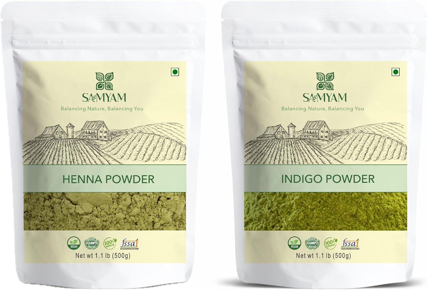 SAMYAM Pure Henna and Indigo Powder Combo - 500g Pack Each | Natural Hair Color, Triple Sifted Rajasthani Henna, PPD Free