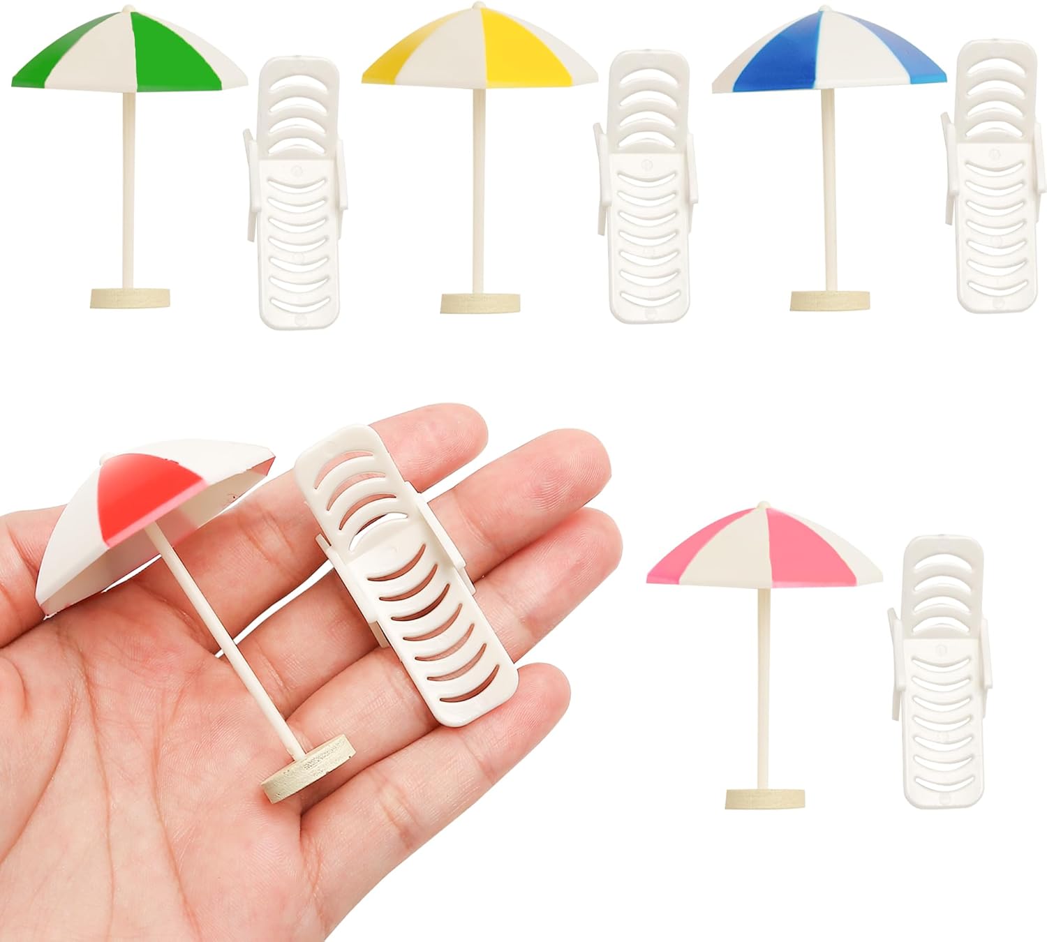 Set of 10 Miniature Beach Furniture for 1:24 Scale Miniature Dollhouses (5 Umbrellas,5 Deck Chairs) – Small Plastic Sunshade with Base for Mini Garden, Diorama, Crafts, and Photography Props