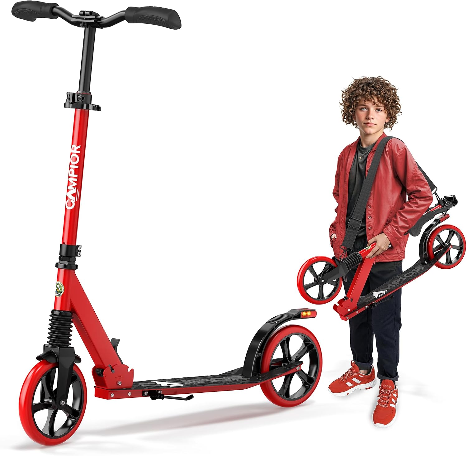 Kick Scooter for Ages 6+, for Kids, Teens, and Adults, Max Load 240 LBS, Foldable, 8-inch Big Wheels for Kids and Adults, with Kickstand, 3 Adjustable Levels, Child Safety Approved, Red