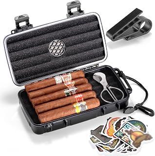 Portable Cigar Humidor Case - Travel Cigar Box with Built-in Humidifier Disc, Stickers & Cigar Cutter | Airtight | Portable | Water/Crushproof (Holds up to 5 Cigars)