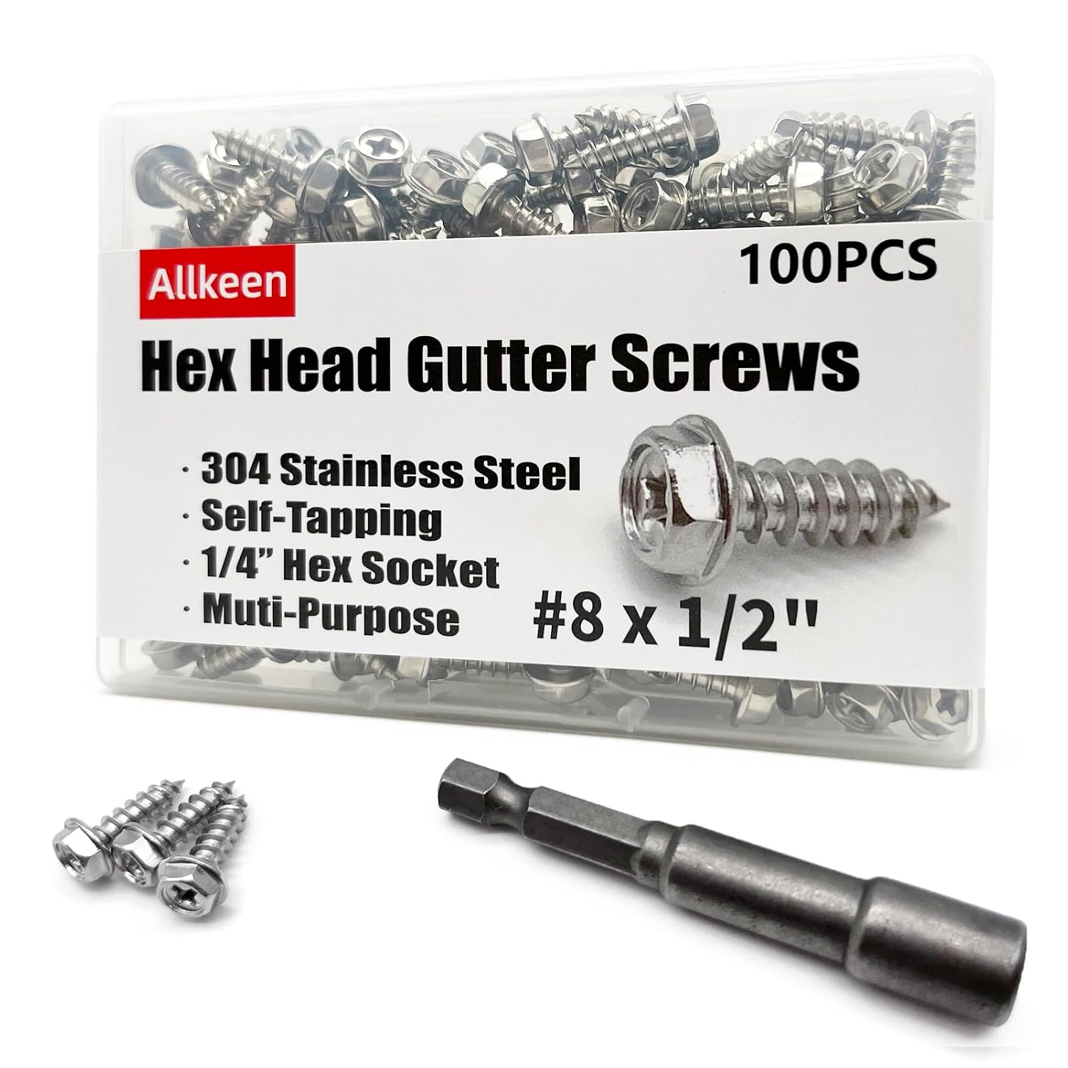 304 Stainless Steel Self Tapping Screws for Gutter Guard #8 x 1/2", 100 Pieces, Socket Bit Included