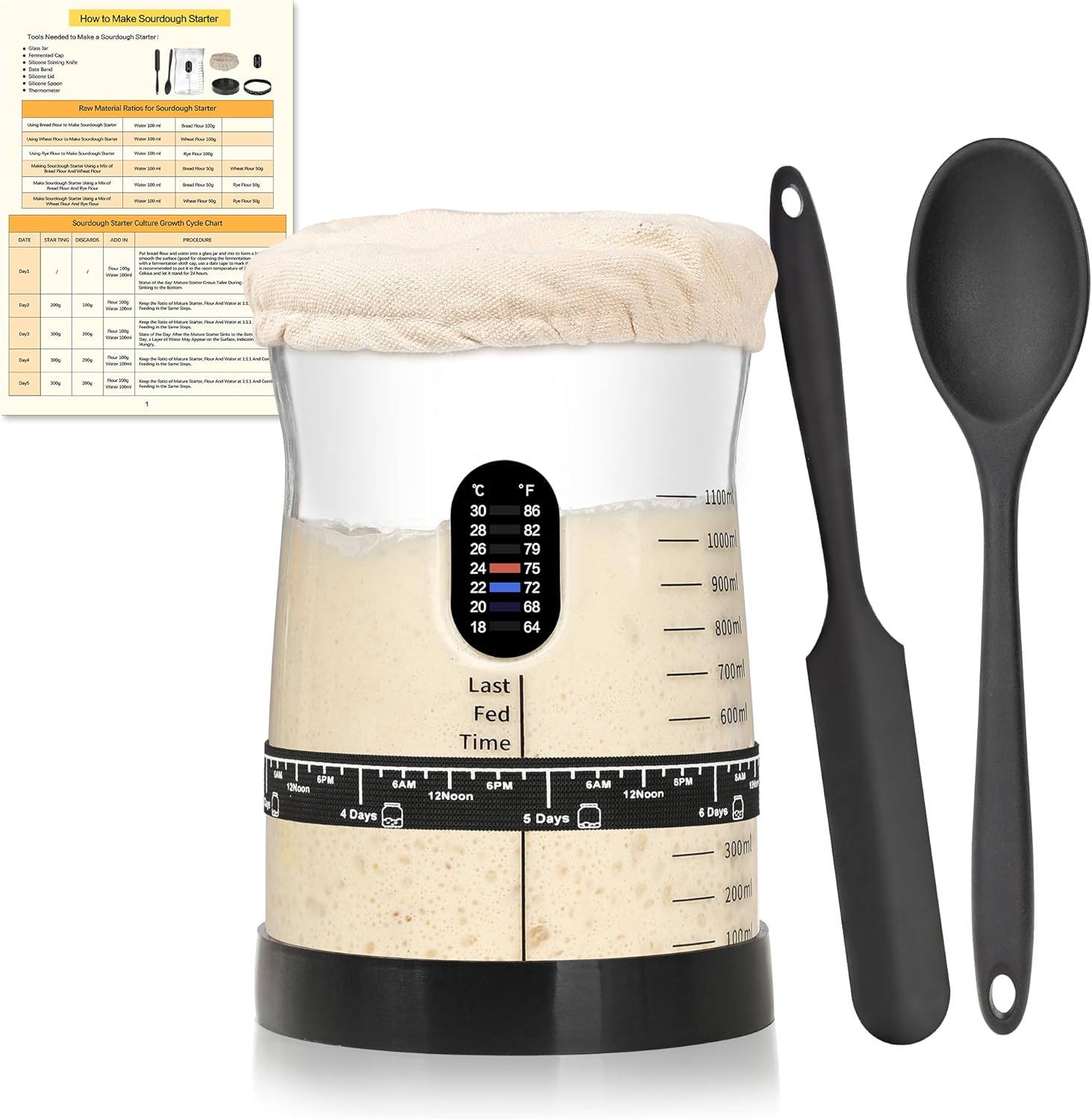 Coco Bird Pro Sourdough Starter Kit- 50oz Large Capacity Sourdough Starter Jar, 17 Flavorful Fermentation Recipes, Sourdough Bread Baking Supplies for Making Delicious Sourdough Breads(1PCS)