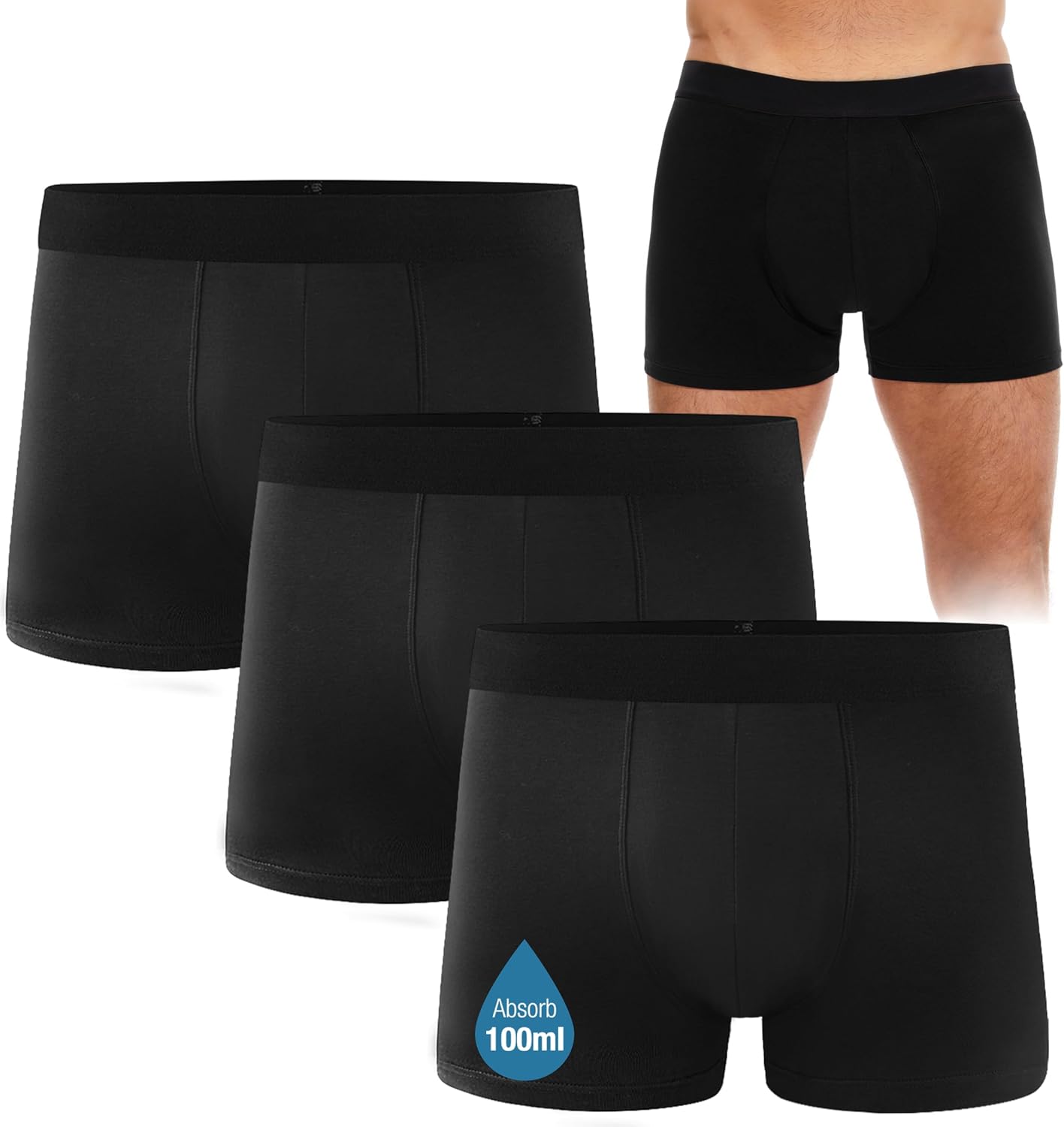 Men's Incontinence Underwear, Black Boxer Brief with Protective Pads, Washable Reusable LeakProof Heavy Absorbency