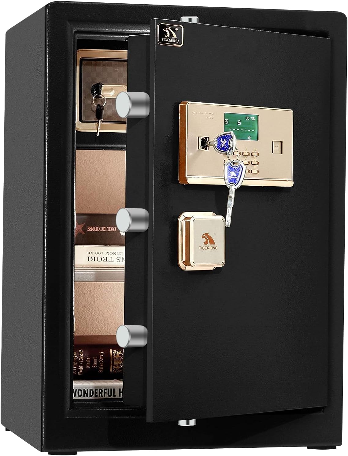 TIGERKING 3.7 Cu Ft Large Home Safe with key and digital keypad | 66 lb Heavy-Duty Safe with Steel Body, Anti-Theft Design and Dual Alarm System for Home or Office, Black