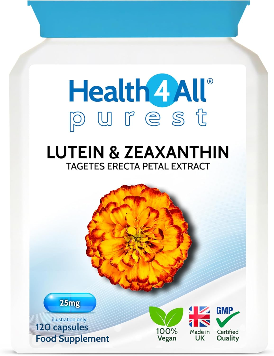 Health4All Lutein and Zeaxanthin Supplement 25mg per Capsule, 120 Capsules 4 Months Supply, Purest Eye Health Marigold Extract Supplement, Natural Eye Vitamins for Vision Care & Floaters | Made in UK