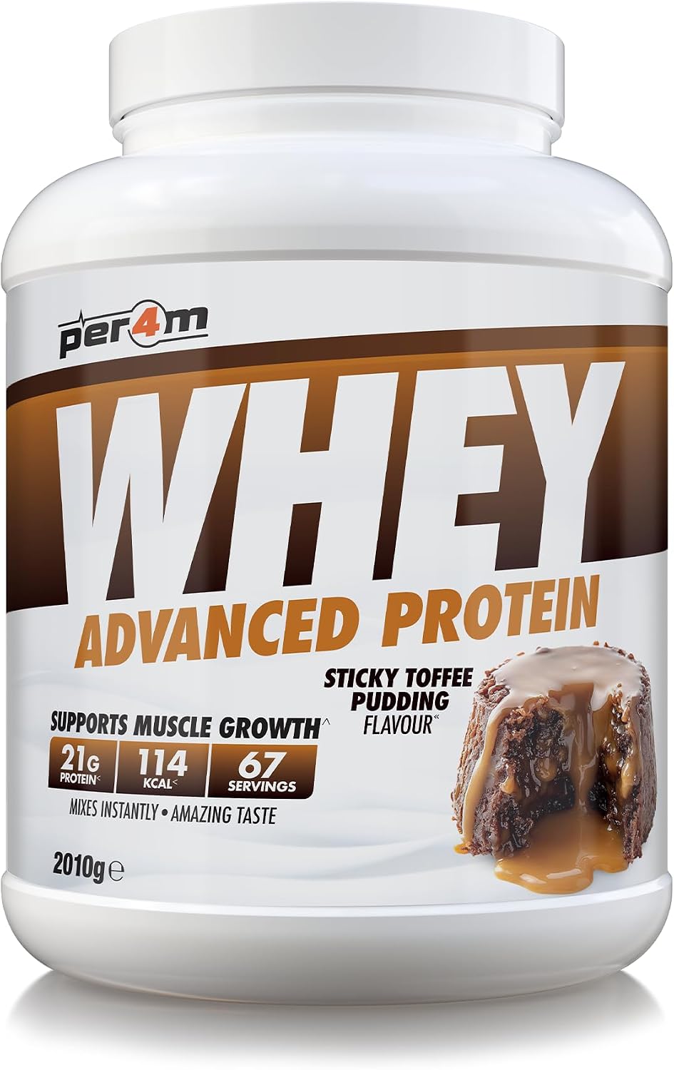 Per4m Whey Protein Powder | High Protein Shake for Muscle Growth & Recovery | Low Sugar Gym Supplement | Sports Nutrition Drink + Amino Acids (2010g, Sticky Toffee Pudding)