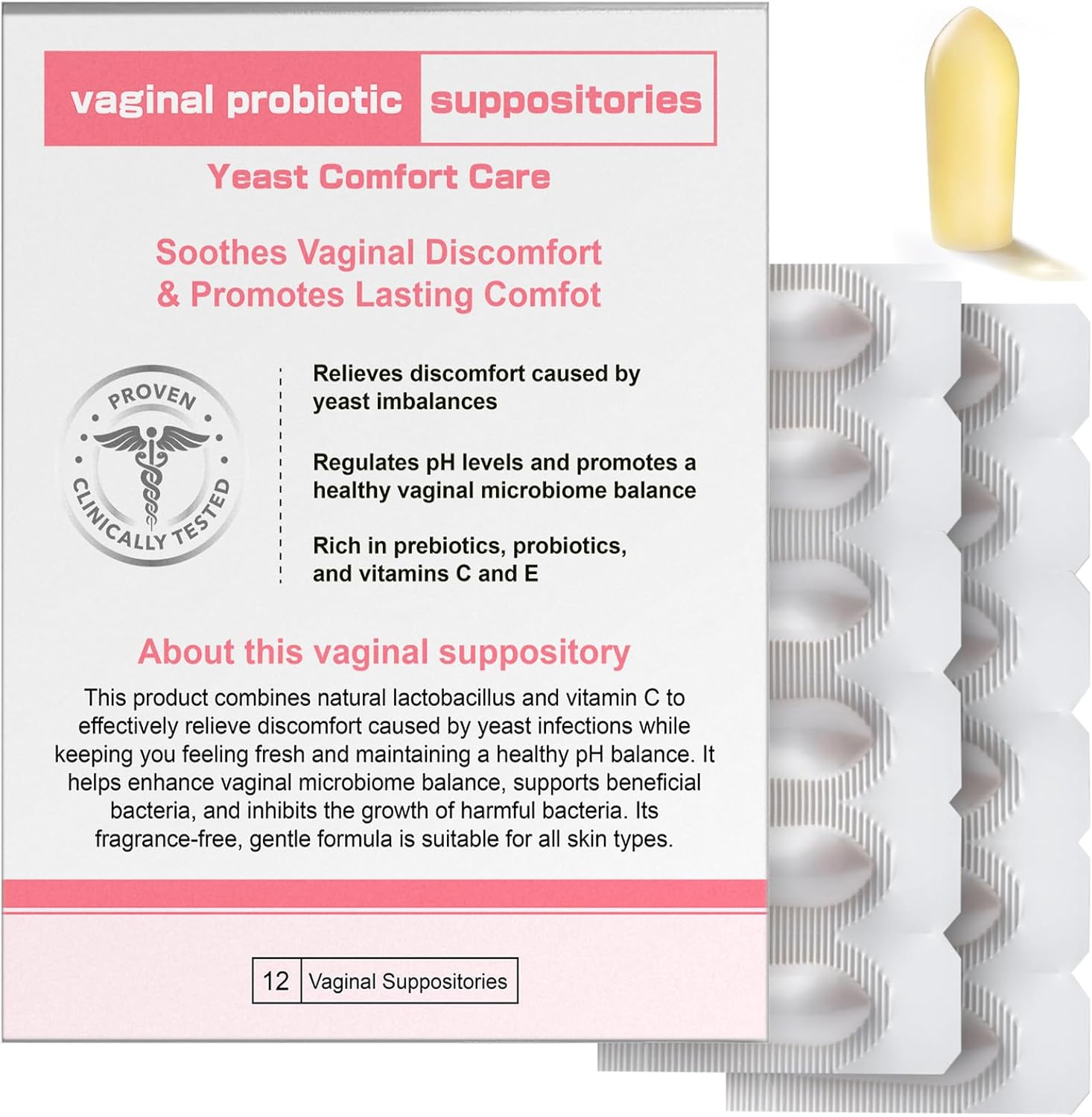 Nahid Vaginal Probiotic Suppository, Hyaluronic Acid Suppositories, Vaginal Moisturizer, pH Balance, Restores Healthy Vaginal Odor, Soothing Treatment with Yeast (12