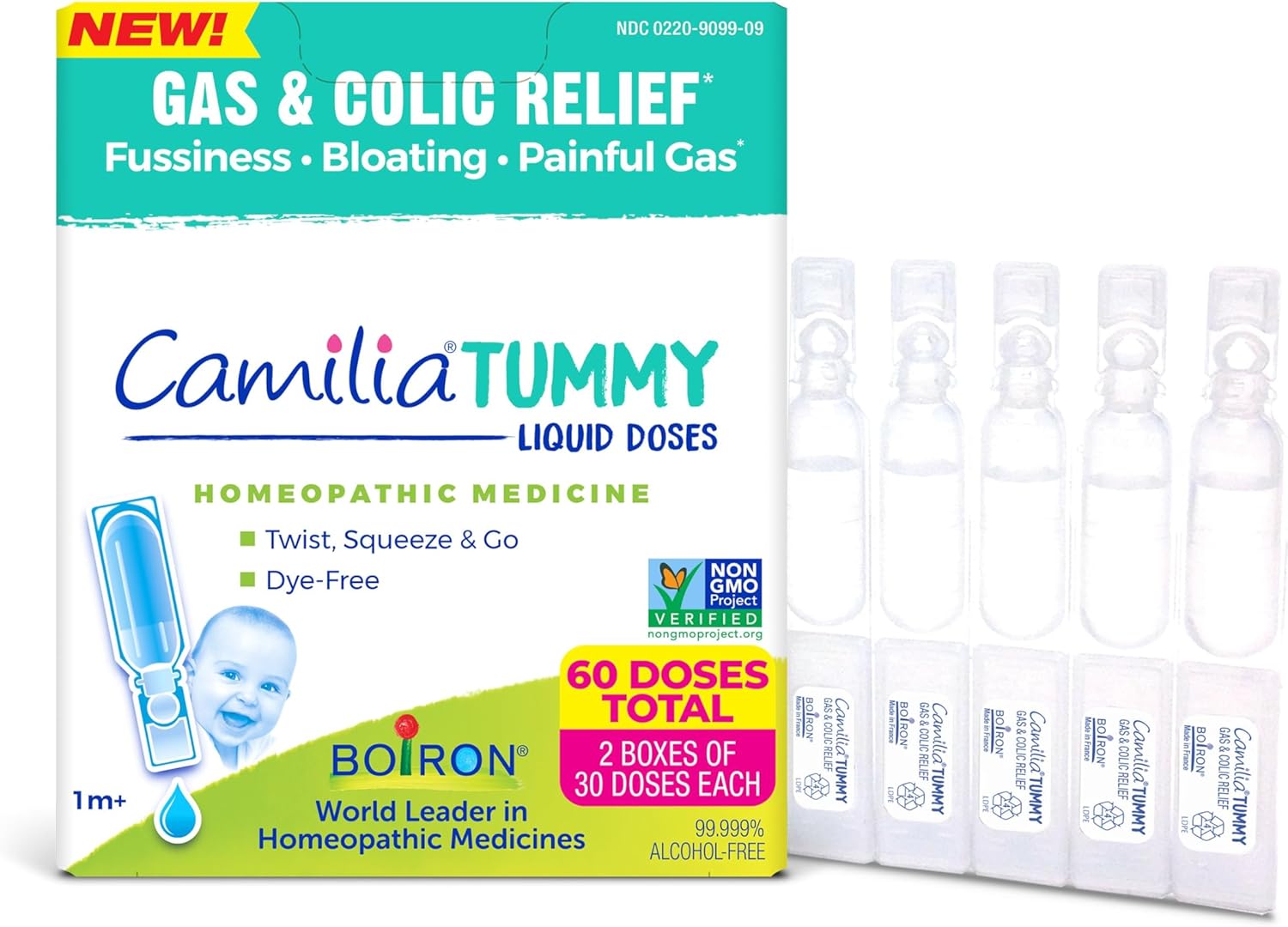 Boiron Camilia Tummy for Colic, Painful Gas, Bloating, & Fussiness- Sterile and Non-Drowsy Liquid Doses - 60 Count