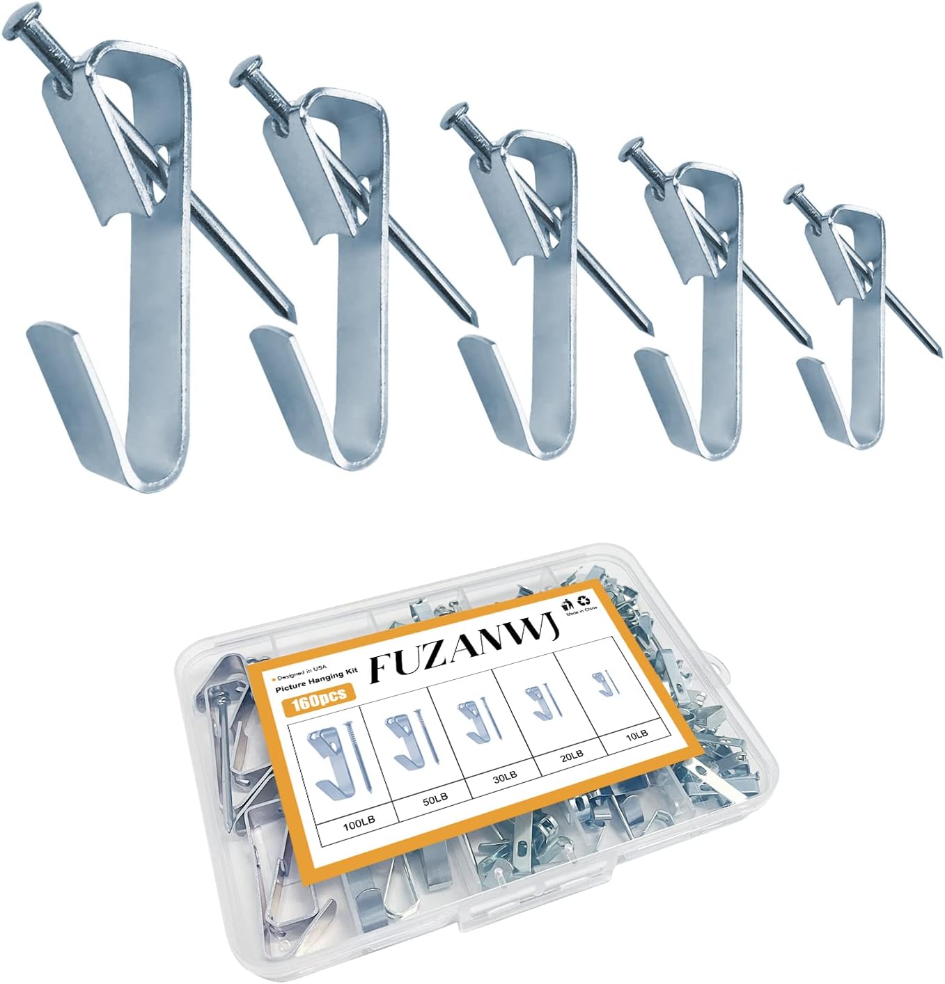 Picture Hangers, 160pcs Picture Hooks with Nails , 10-100lbs Picture Frame Hangers, Professional Picture Hanging kit on Wooden Wall / Drywall for Pictures, Canvas, Mirror, Holds 10-100 lbs（Silver）