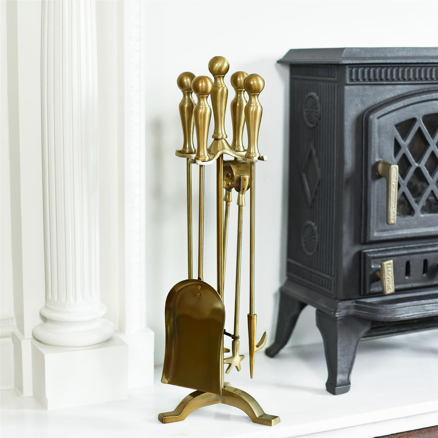 "Lesingham House" Antique Brass Traditional 56cm Fireplace Accessories Companion Set - Fireside Tools with Poker, Tongs, Brush and Pan - Functional Fireside Companion Set for Fire Log Burner