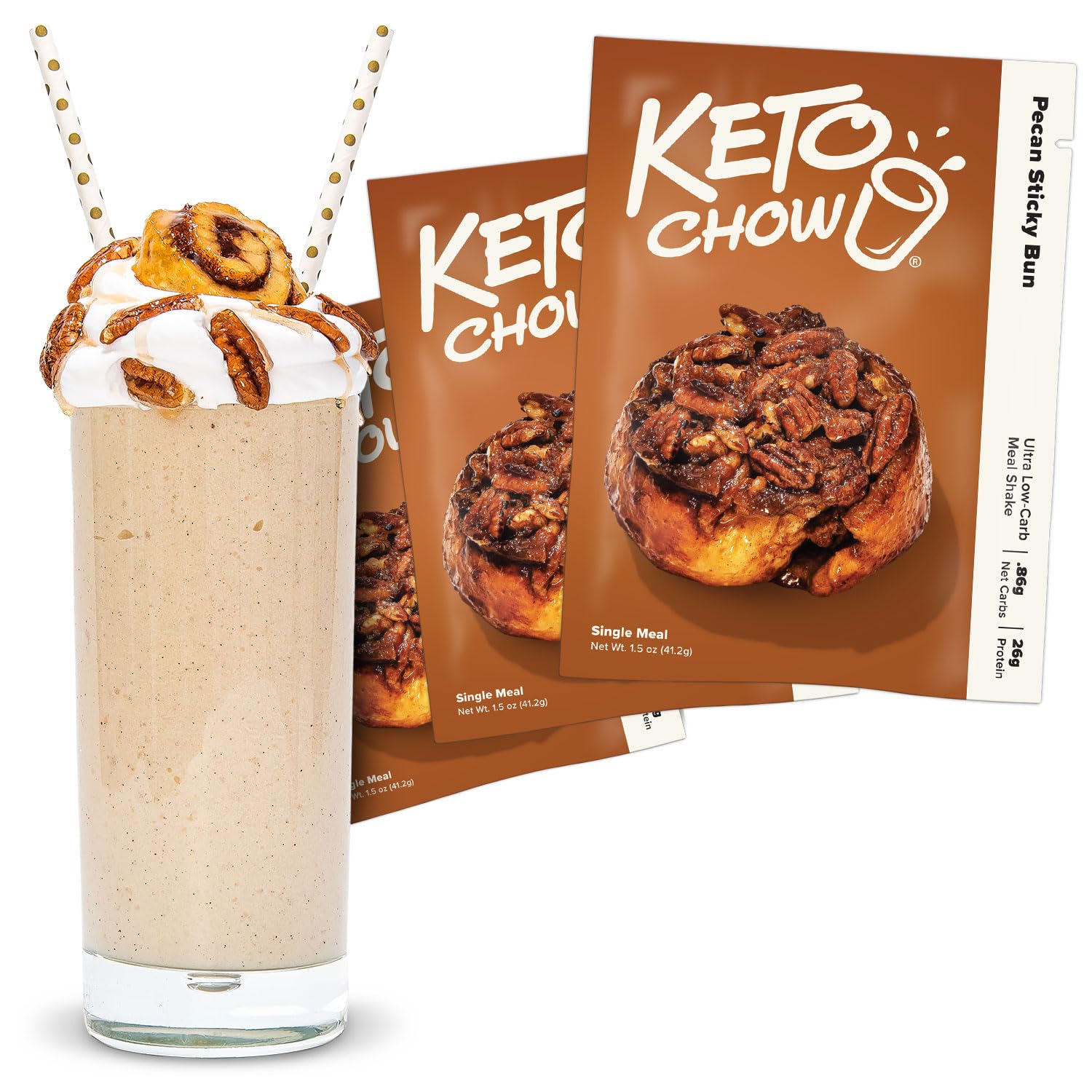 Keto Chow Pecan Sticky Bun - Keto Meal Replacement Shake Powder - Nutritionally Complete - Low Carb - Delicious Easy Meal Substitute - Protein Rich You Choose The Fat - Single Meal - 3 Pack