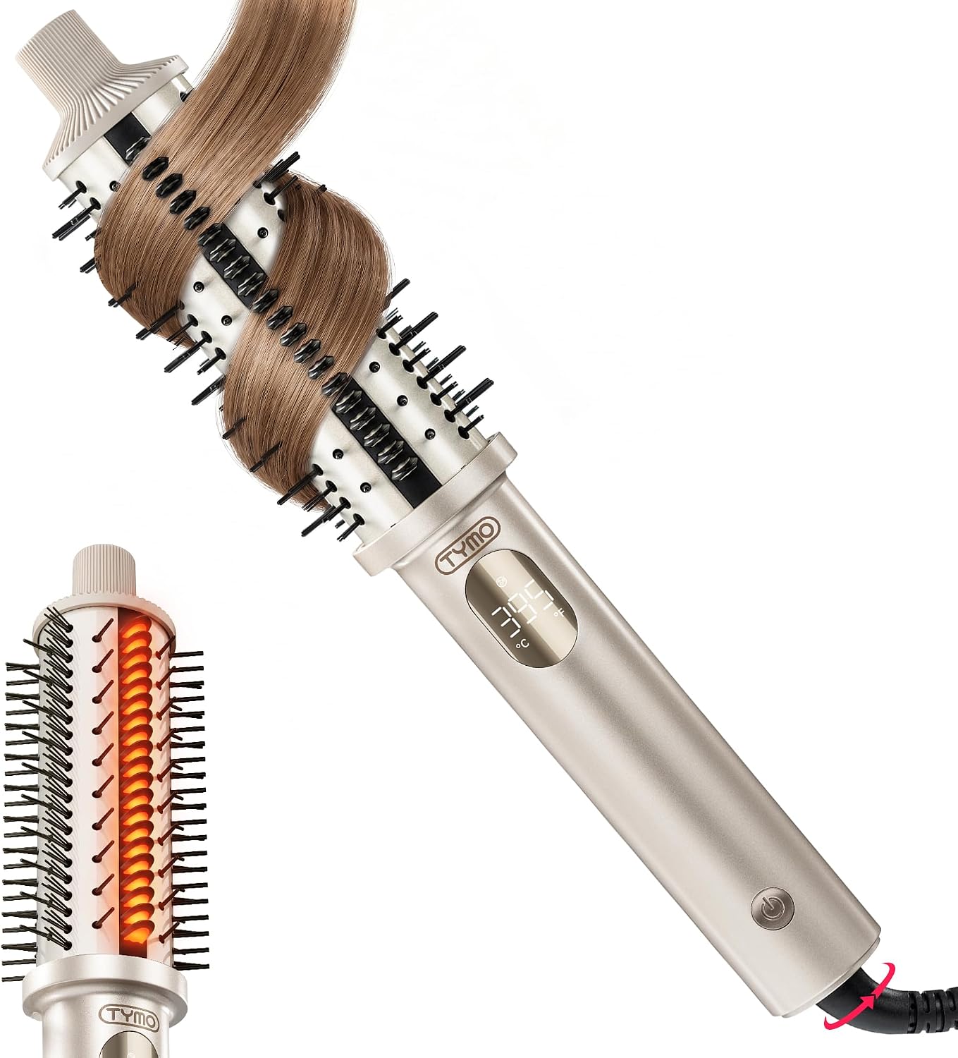 TYMO STYLUX PRO Thermal Brush Curling Brush, 1.5 Inch Heated Round Volumizer, Hair Straightener and Curler 2 in 1, 800M Negative Ion for Smoother, LCD Display, 5 Temp, Dual Voltage, Gold