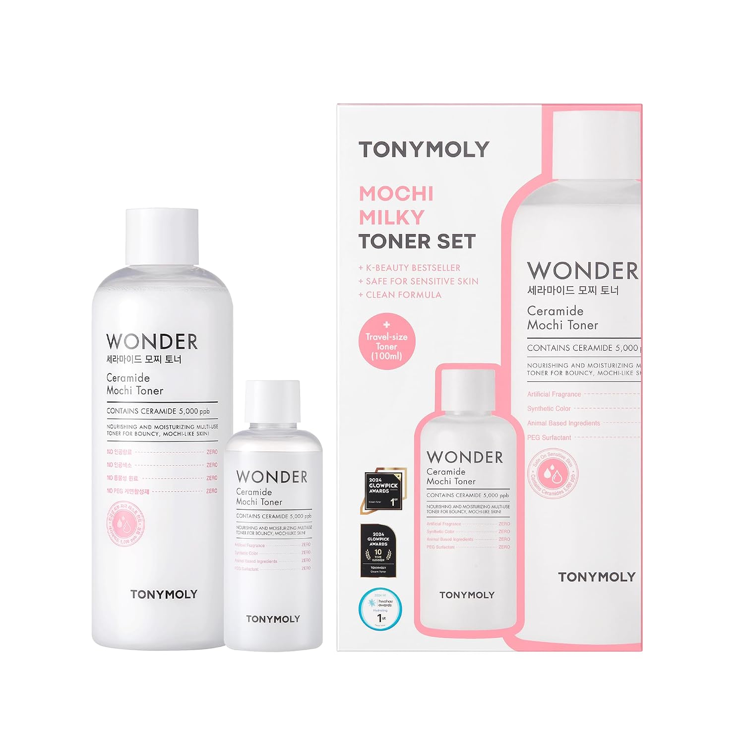TONYMOLY Mochi Milky Toner Set – Hydrating Korean Toner with Ceramide, Cica, Panthenol & Hyaluronic Acid – Strengthens Skin Barrier, Soothes & Moisturizes – 500ml + 100ml Travel Size Duo