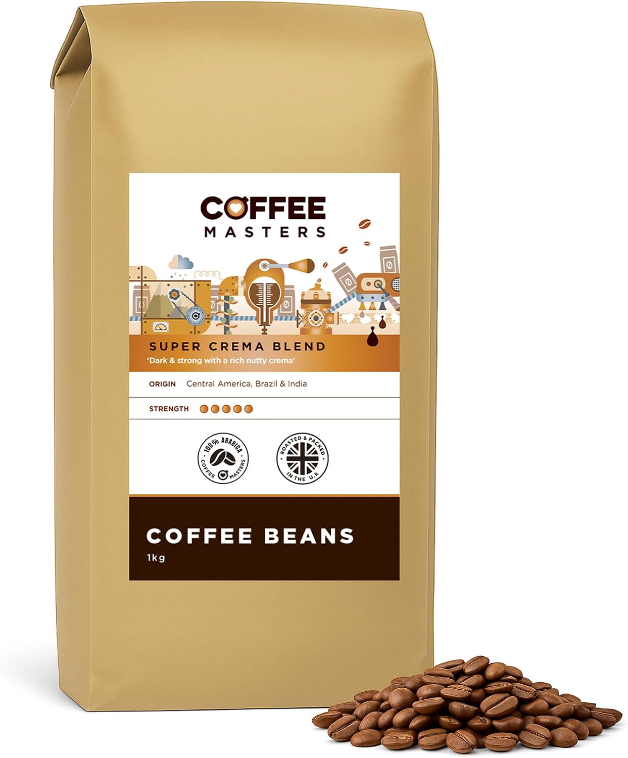 Coffee Masters Super Crema Espresso Coffee Beans 1kg - Intensely Strong Dark Roasted Blend of Arabica and Robusta Whole Coffee Beans - Ideal for Espresso Machines