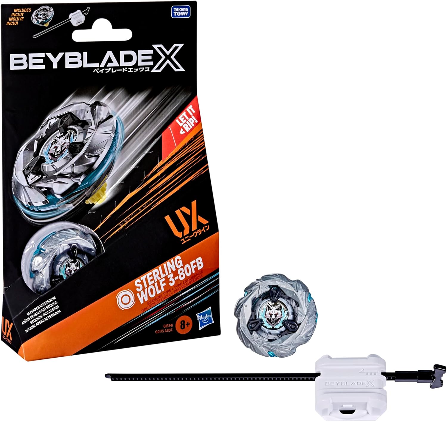 Bey Blade X Sterling Wolf 3-80FB UX Starter Pack Set with Stamina Type Top and Launcher, Authentic Takara Tomy Battle Tops Games, Toys for Boys and Girls 8+