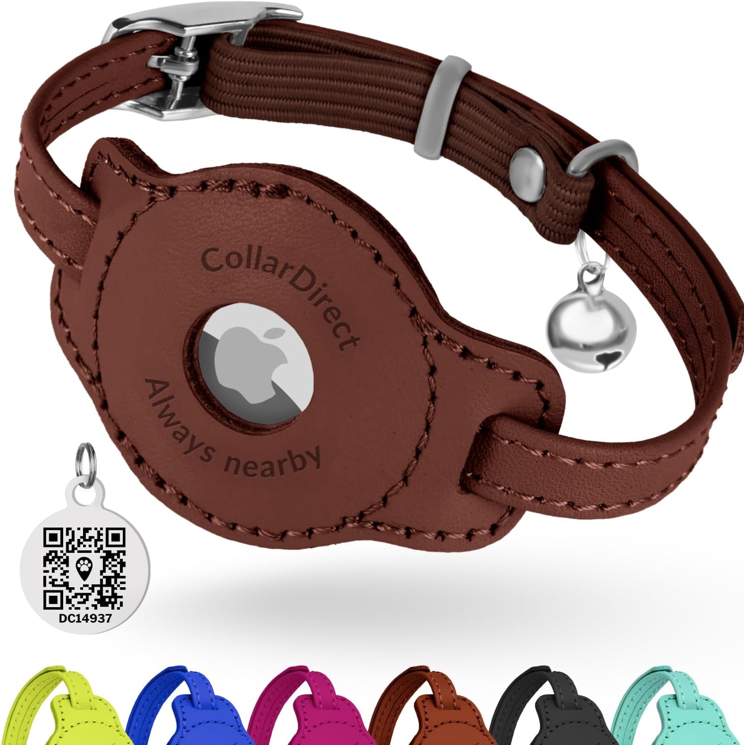 Soft Leather AirTag Cat Collar with Safety Elastic Strap - Brown